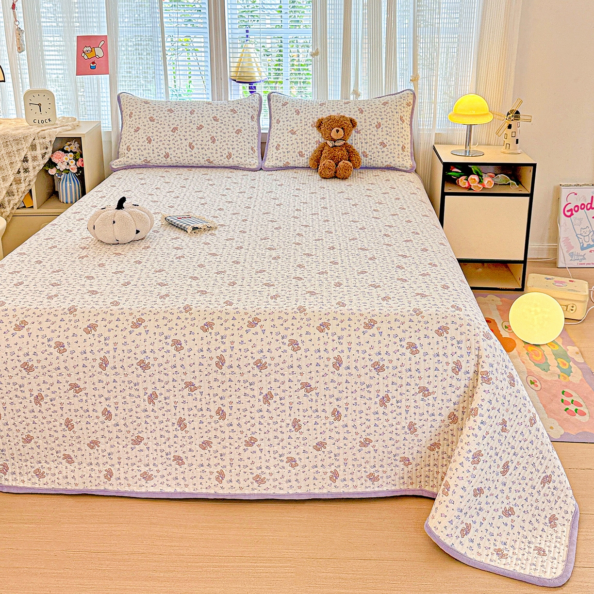 91家纺网 家纺一手货源 找家纺 恒尚居 2025新款全棉牛奶绒床盖四季可用纯棉夹棉床单床褥垫三件套-秋冬款系列一 清茶小熊【A纯棉-B牛奶绒】