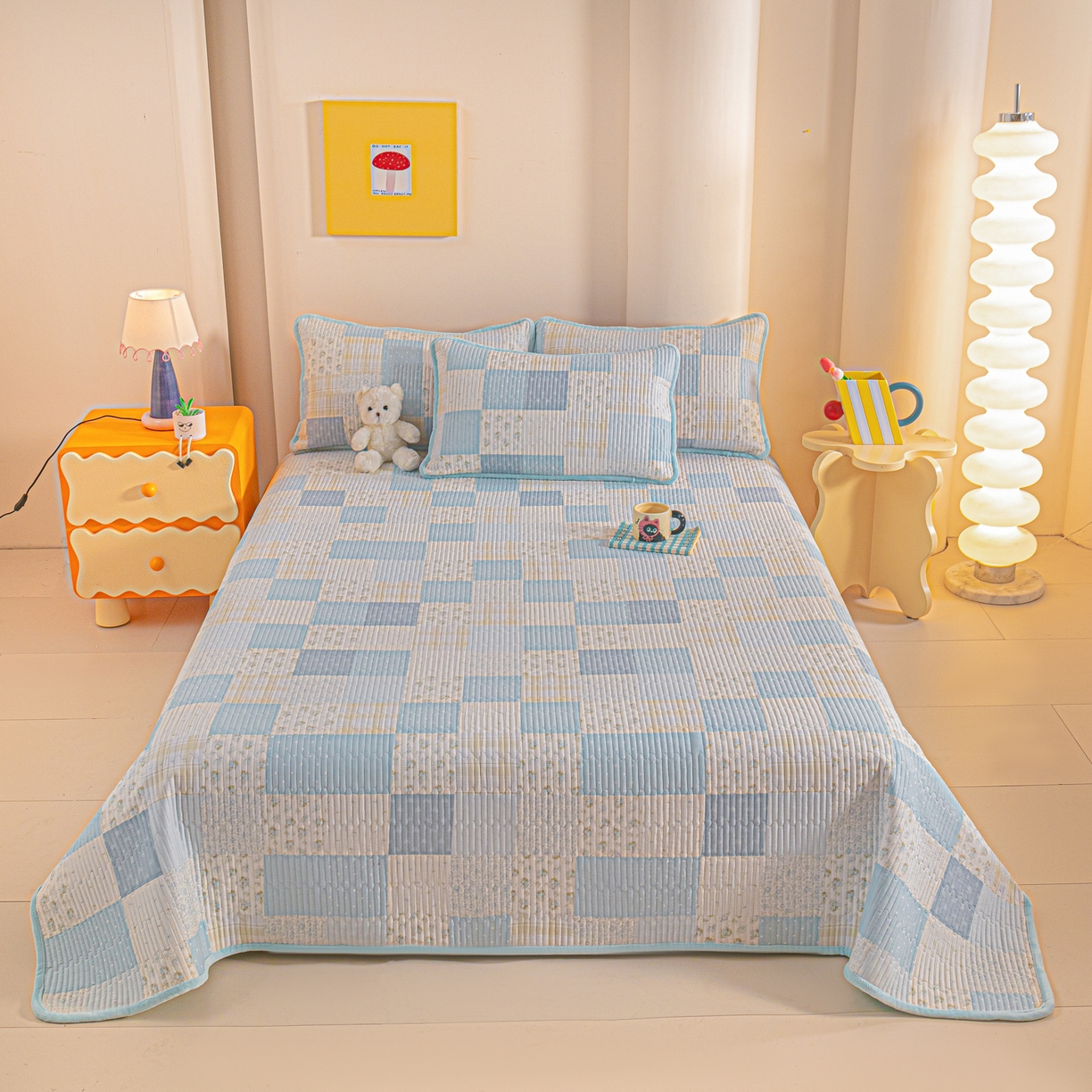 91家纺网 家纺一手货源 找家纺 恒尚居 2025新款全棉牛奶绒床盖四季可用纯棉夹棉床单床褥垫三件套-秋冬款系列一 芳菲-蓝【A纯棉-B牛奶绒】