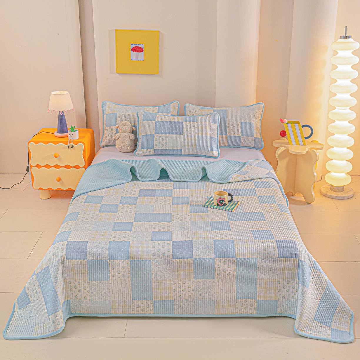 91家纺网 家纺一手货源 找家纺 恒尚居 2025新款全棉牛奶绒床盖四季可用纯棉夹棉床单床褥垫三件套-秋冬款系列一 芳菲-蓝【A纯棉-B牛奶绒】