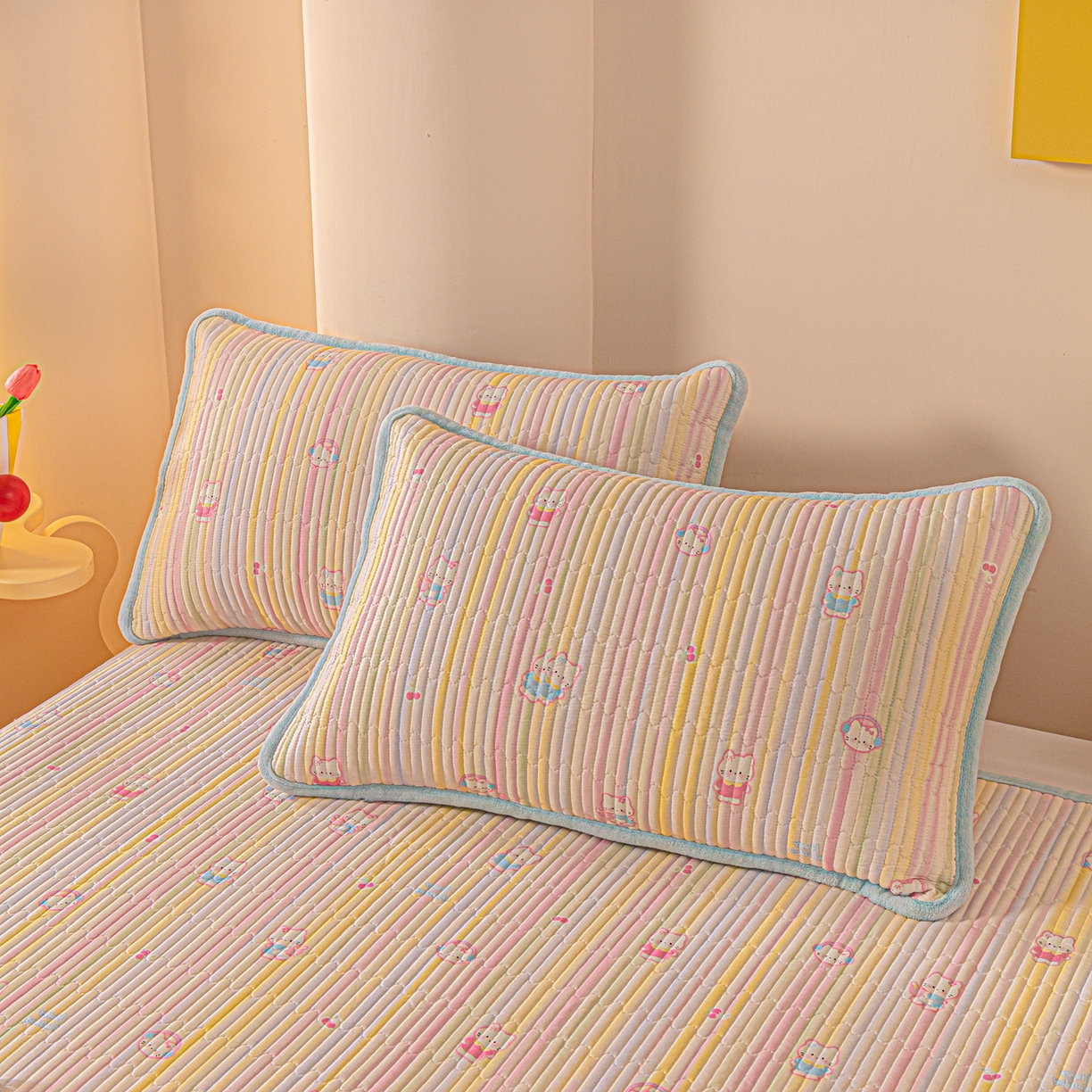 91家纺网 家纺一手货源 找家纺 恒尚居 2025新款全棉牛奶绒床盖四季可用纯棉夹棉床单床褥垫三件套-秋冬款系列一 彩虹猫【A纯棉-B牛奶绒】