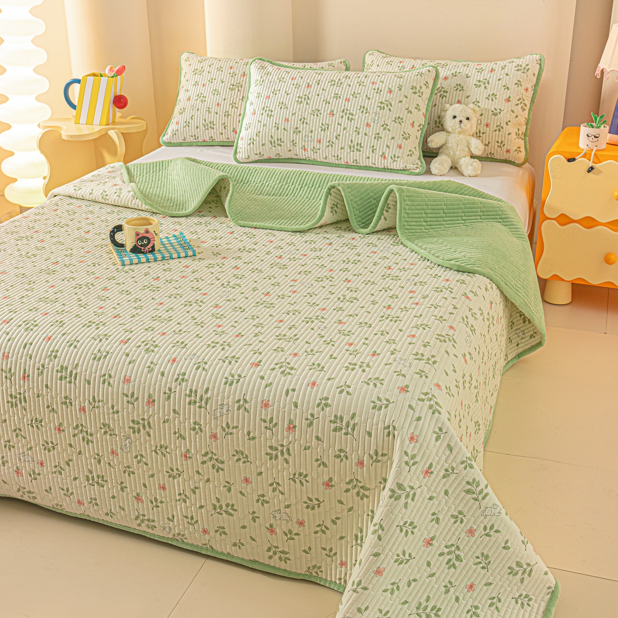 91家纺网 家纺一手货源 找家纺 恒尚居 2025新款全棉牛奶绒床盖四季可用纯棉夹棉床单床褥垫三件套-秋冬款系列一 清新雅韵【A纯棉-B牛奶绒】