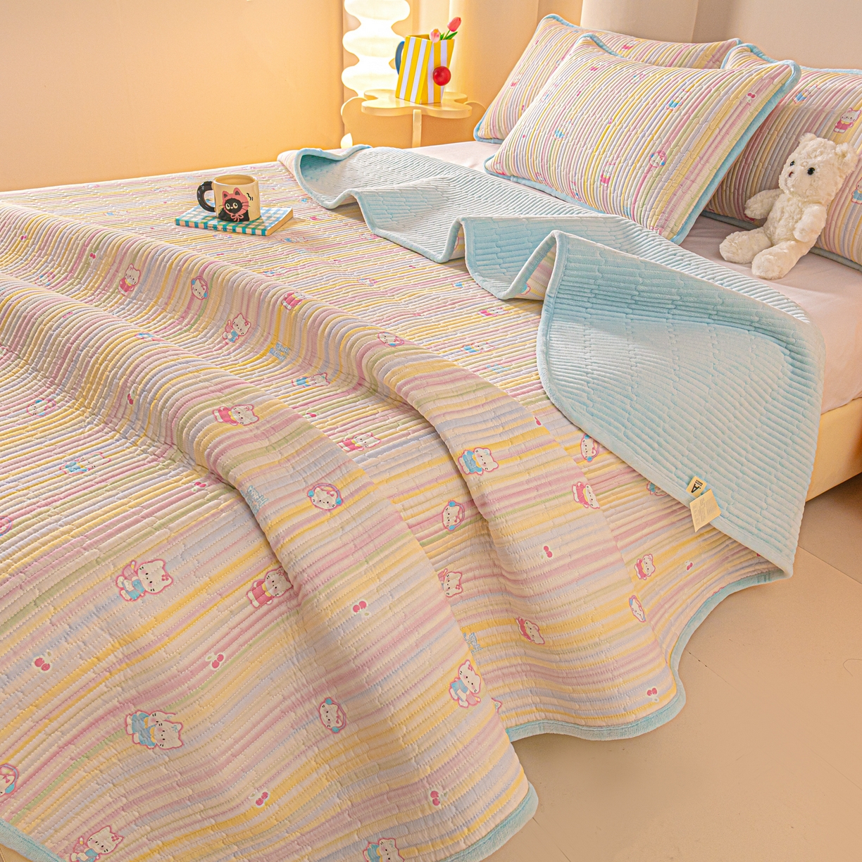 91家纺网 家纺一手货源 找家纺 恒尚居 2025新款全棉牛奶绒床盖四季可用纯棉夹棉床单床褥垫三件套-秋冬款系列一 彩虹猫【A纯棉-B牛奶绒】