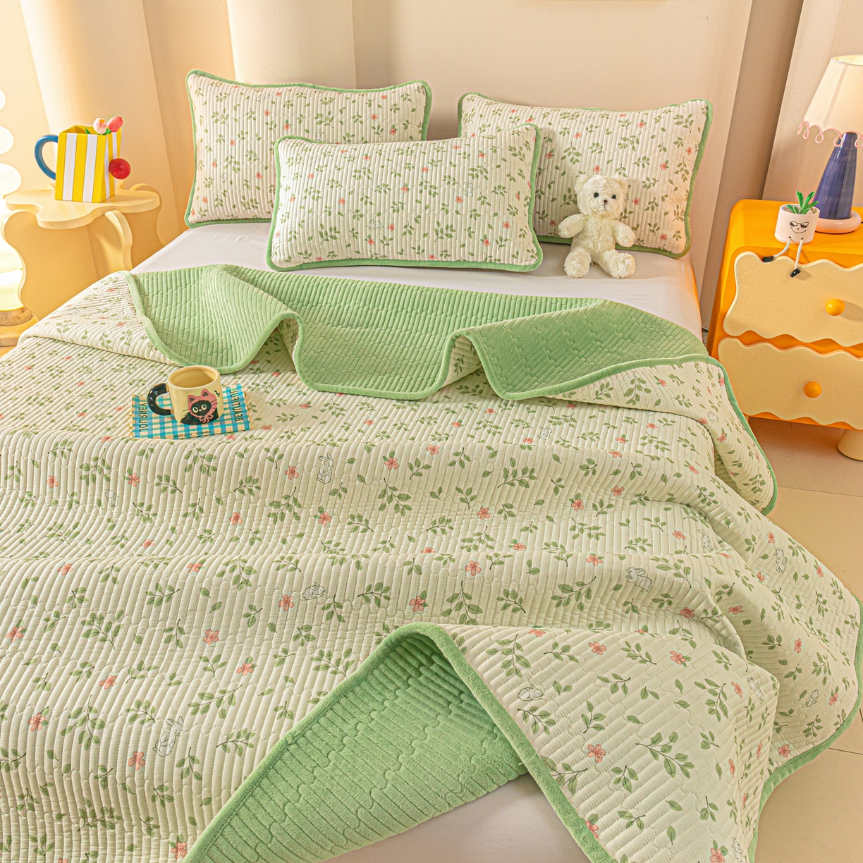 91家纺网 家纺一手货源 找家纺 恒尚居 2025新款全棉牛奶绒床盖四季可用纯棉夹棉床单床褥垫三件套-秋冬款系列一 清新雅韵【A纯棉-B牛奶绒】