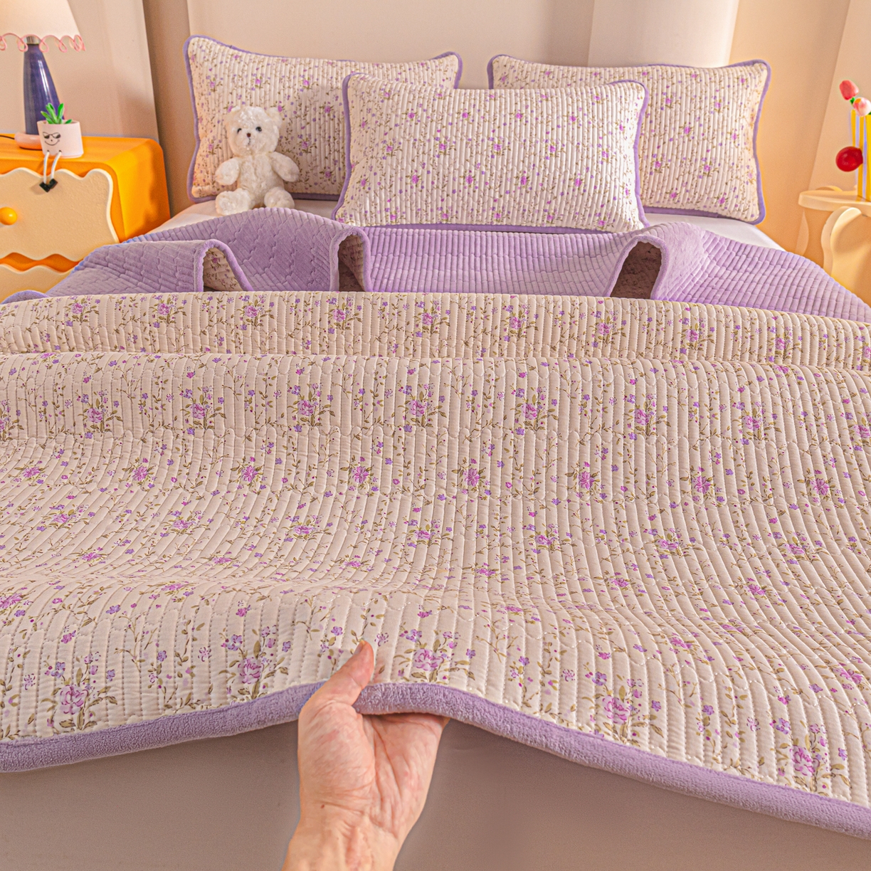 91家纺网 家纺一手货源 找家纺 恒尚居 2025新款全棉牛奶绒床盖四季可用纯棉夹棉床单床褥垫三件套-秋冬款系列一 熏衣紫【A纯棉-B牛奶绒】