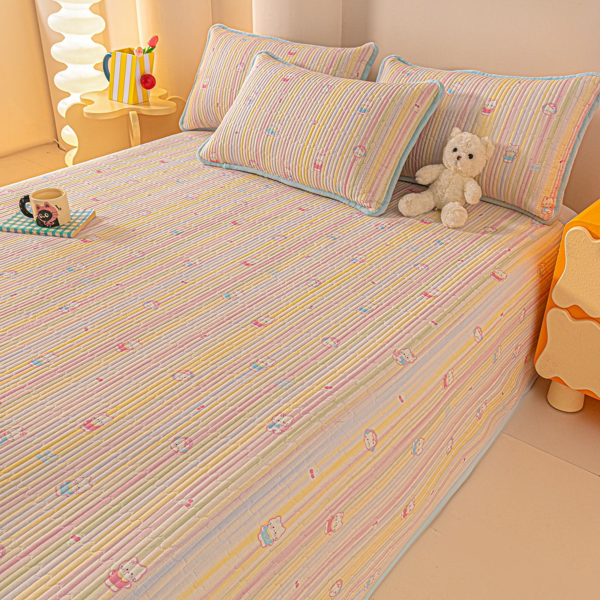 91家纺网 家纺一手货源 找家纺 恒尚居 2025新款全棉牛奶绒床盖四季可用纯棉夹棉床单床褥垫三件套-秋冬款系列一 彩虹猫【A纯棉-B牛奶绒】