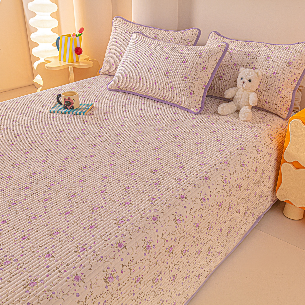 91家纺网 家纺一手货源 找家纺 恒尚居 2025新款全棉牛奶绒床盖四季可用纯棉夹棉床单床褥垫三件套-秋冬款系列一 熏衣紫【A纯棉-B牛奶绒】