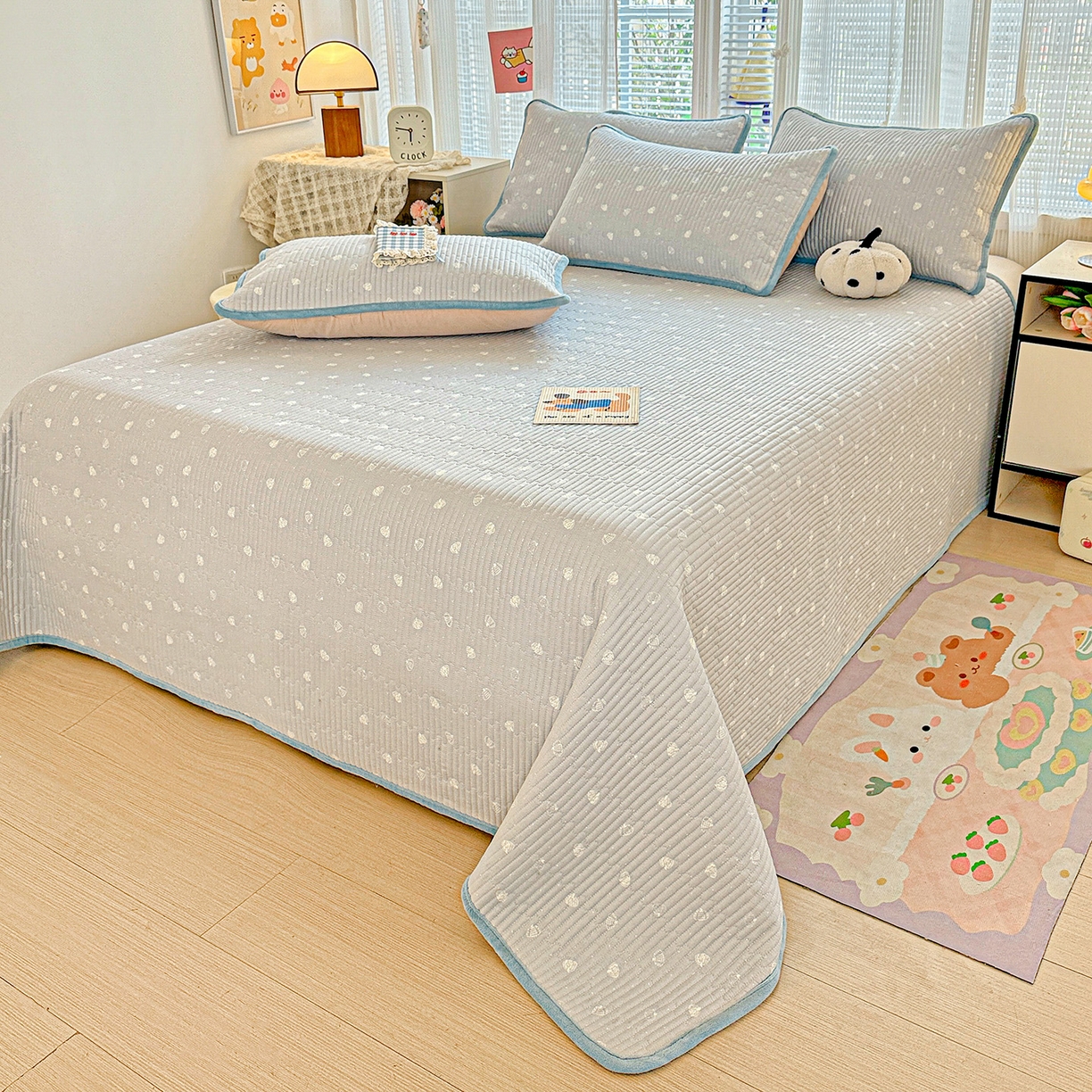 91家纺网 家纺一手货源 找家纺 恒尚居 2025新款全棉牛奶绒床盖四季可用纯棉夹棉床单床褥垫三件套-秋冬款系列一 南瓜点点【A纯棉-B牛奶绒】