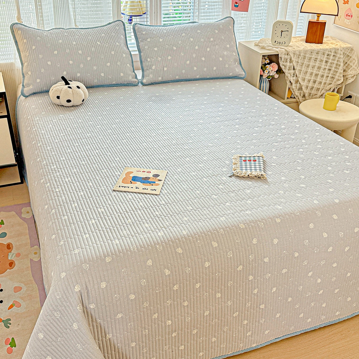 91家纺网 家纺一手货源 找家纺 恒尚居 2025新款全棉牛奶绒床盖四季可用纯棉夹棉床单床褥垫三件套-秋冬款系列一 南瓜点点【A纯棉-B牛奶绒】