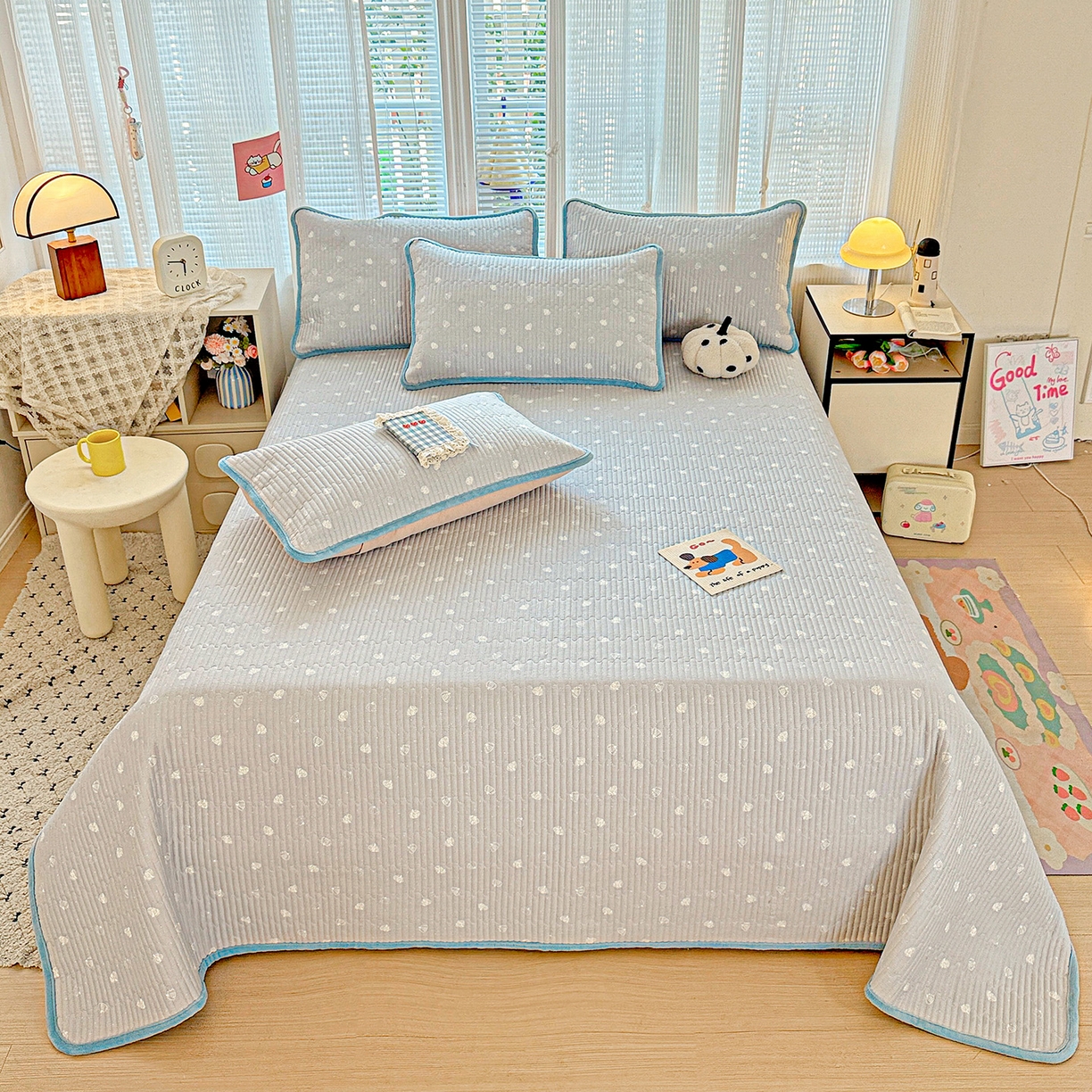 91家纺网 家纺一手货源 找家纺 恒尚居 2025新款全棉牛奶绒床盖四季可用纯棉夹棉床单床褥垫三件套-秋冬款系列一 南瓜点点【A纯棉-B牛奶绒】