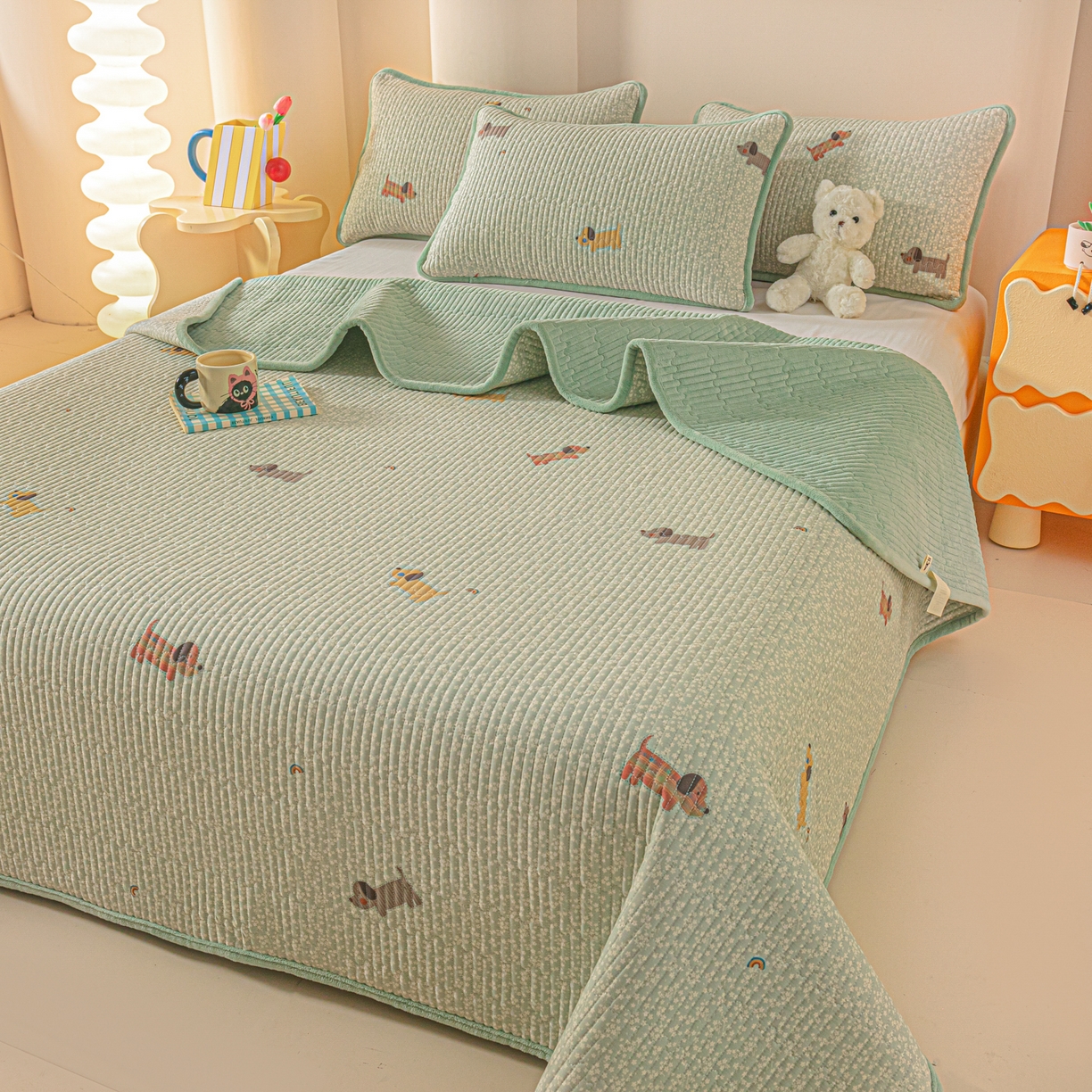 91家纺网 家纺一手货源 找家纺 恒尚居 2025新款全棉牛奶绒床盖四季可用纯棉夹棉床单床褥垫三件套-秋冬款系列一 布丁狗【A纯棉-B牛奶绒】