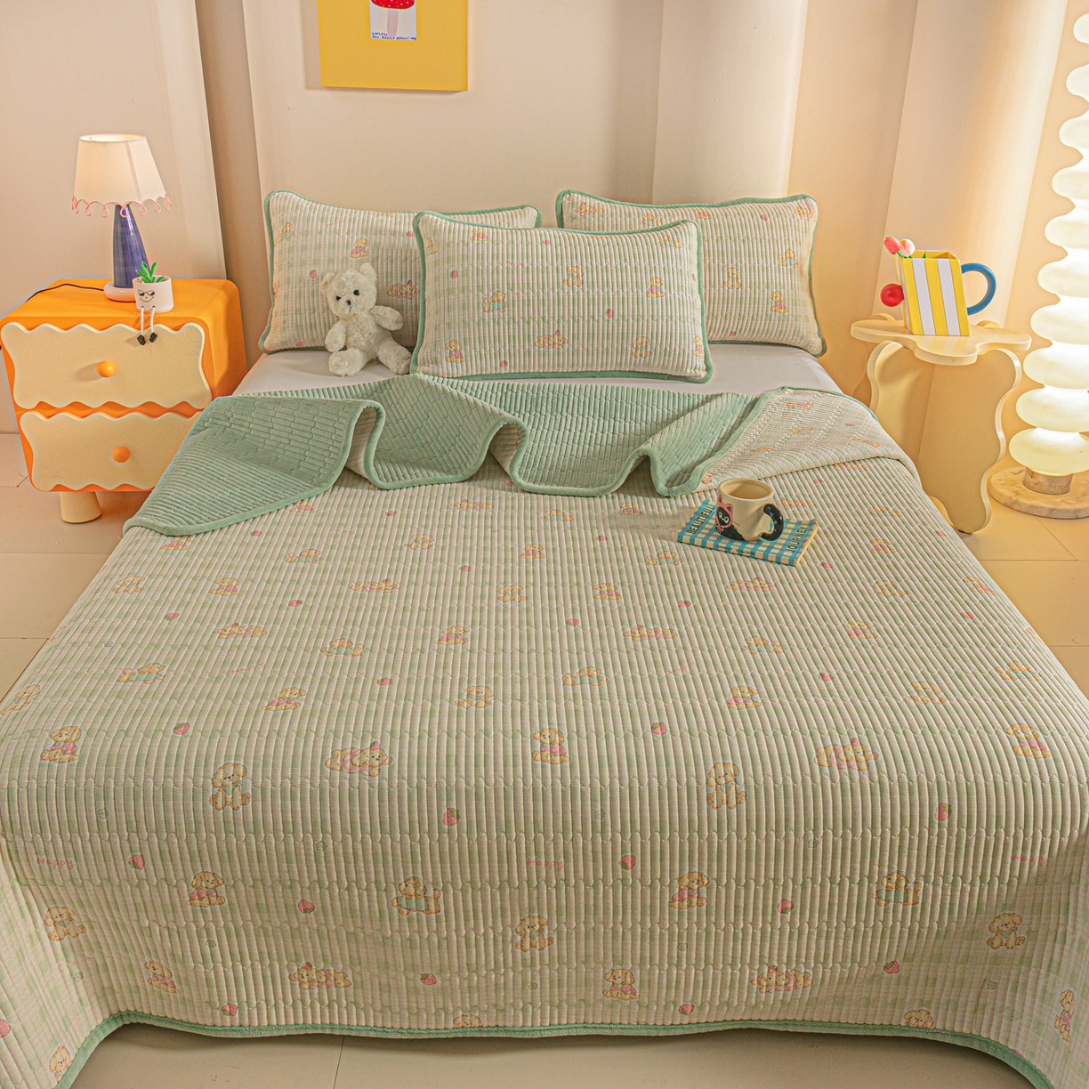 91家纺网 家纺一手货源 找家纺 恒尚居 2025新款全棉牛奶绒床盖四季可用纯棉夹棉床单床褥垫三件套-秋冬款系列一 甜心旺旺【A纯棉-B牛奶绒】