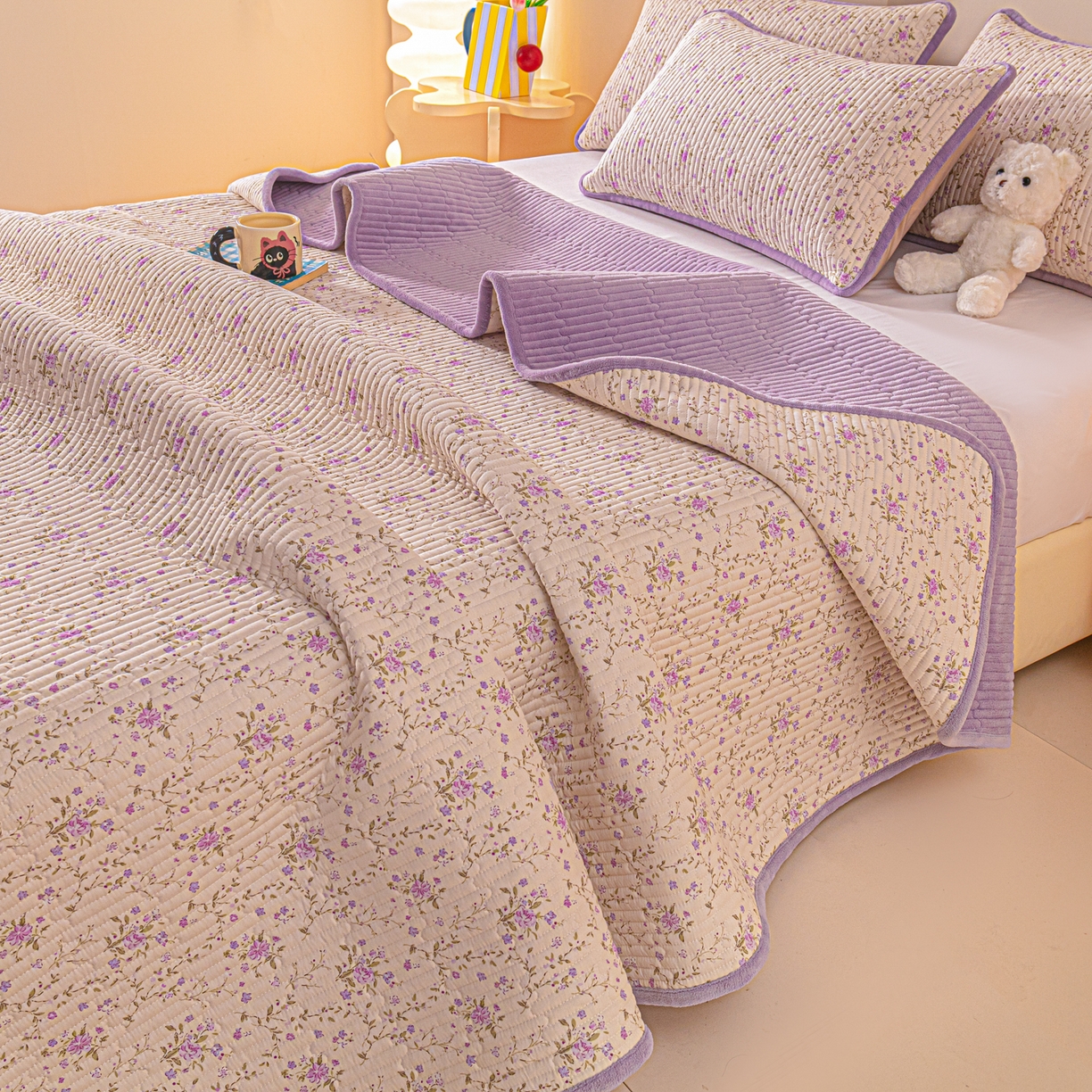 91家纺网 家纺一手货源 找家纺 恒尚居 2025新款全棉牛奶绒床盖四季可用纯棉夹棉床单床褥垫三件套-秋冬款系列一 熏衣紫【A纯棉-B牛奶绒】