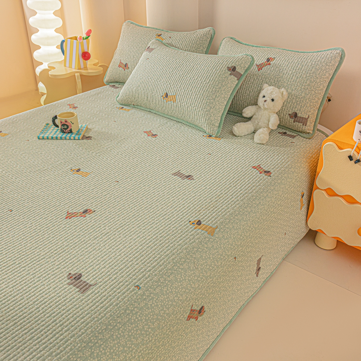 91家纺网 家纺一手货源 找家纺 恒尚居 2025新款全棉牛奶绒床盖四季可用纯棉夹棉床单床褥垫三件套-秋冬款系列一 布丁狗【A纯棉-B牛奶绒】