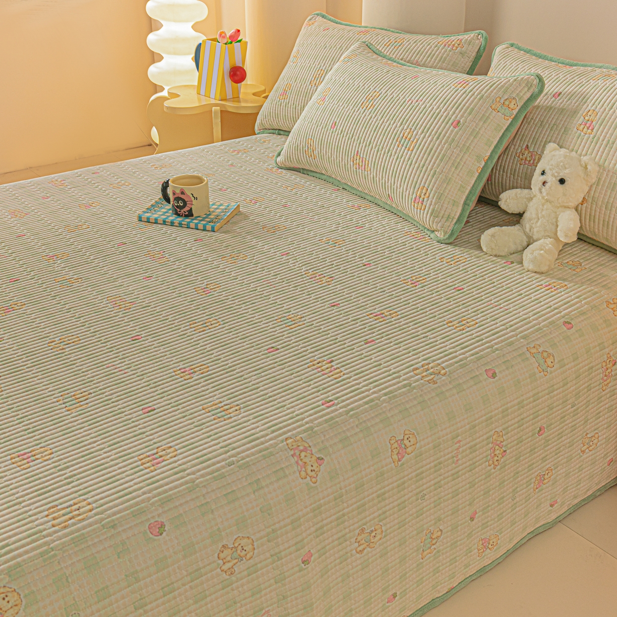 91家纺网 家纺一手货源 找家纺 恒尚居 2025新款全棉牛奶绒床盖四季可用纯棉夹棉床单床褥垫三件套-秋冬款系列一 甜心旺旺【A纯棉-B牛奶绒】