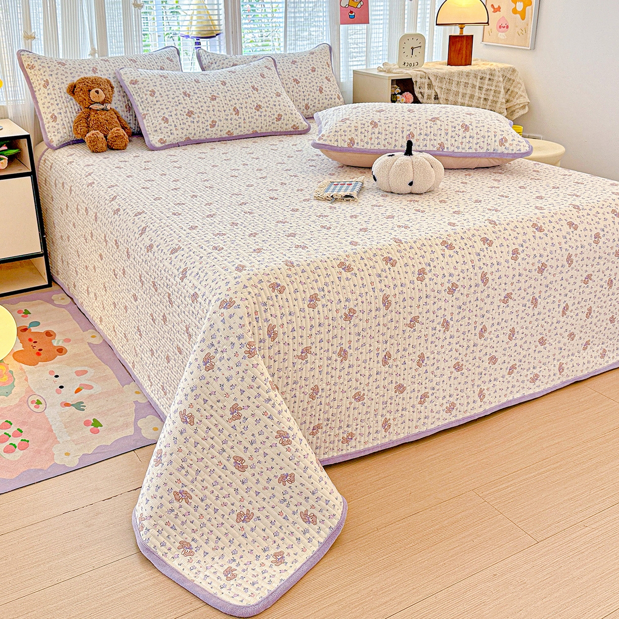 91家纺网 家纺一手货源 找家纺 恒尚居 2025新款全棉牛奶绒床盖四季可用纯棉夹棉床单床褥垫三件套-秋冬款系列一 清茶小熊【A纯棉-B牛奶绒】