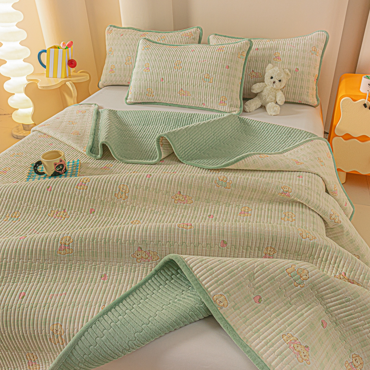 91家纺网 家纺一手货源 找家纺 恒尚居 2025新款全棉牛奶绒床盖四季可用纯棉夹棉床单床褥垫三件套-秋冬款系列一 甜心旺旺【A纯棉-B牛奶绒】