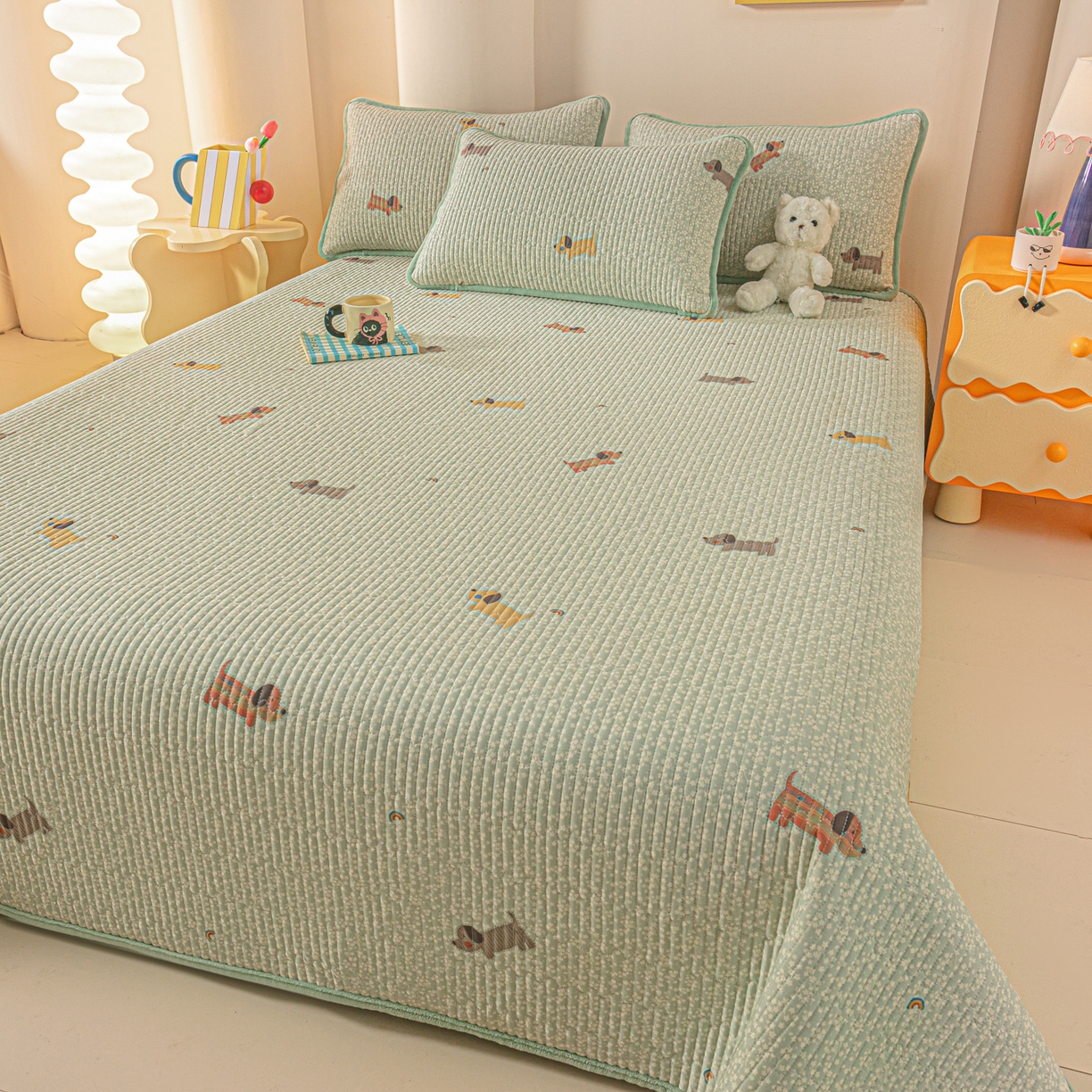 91家纺网 家纺一手货源 找家纺 恒尚居 2025新款全棉牛奶绒床盖四季可用纯棉夹棉床单床褥垫三件套-秋冬款系列一 布丁狗【A纯棉-B牛奶绒】