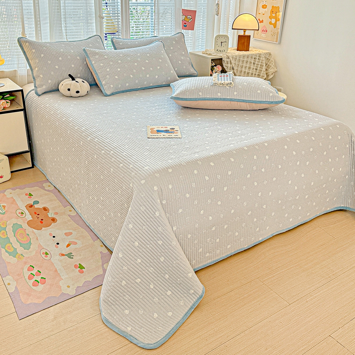 91家纺网 家纺一手货源 找家纺 恒尚居 2025新款全棉牛奶绒床盖四季可用纯棉夹棉床单床褥垫三件套-秋冬款系列一 南瓜点点【A纯棉-B牛奶绒】