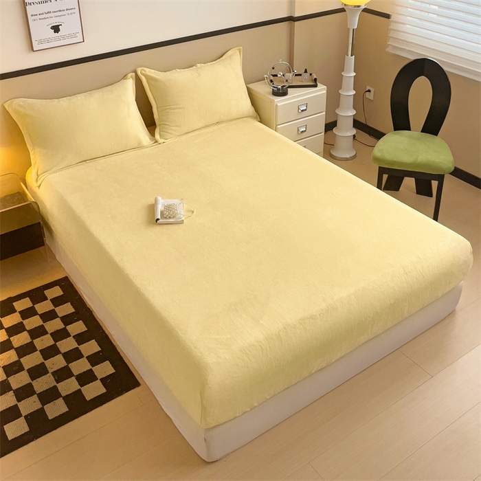 91家纺网 家纺一手货源 找家纺 名兮家居 2025新款高克重加厚纯色牛奶绒床笠床单 素色-米月黄
