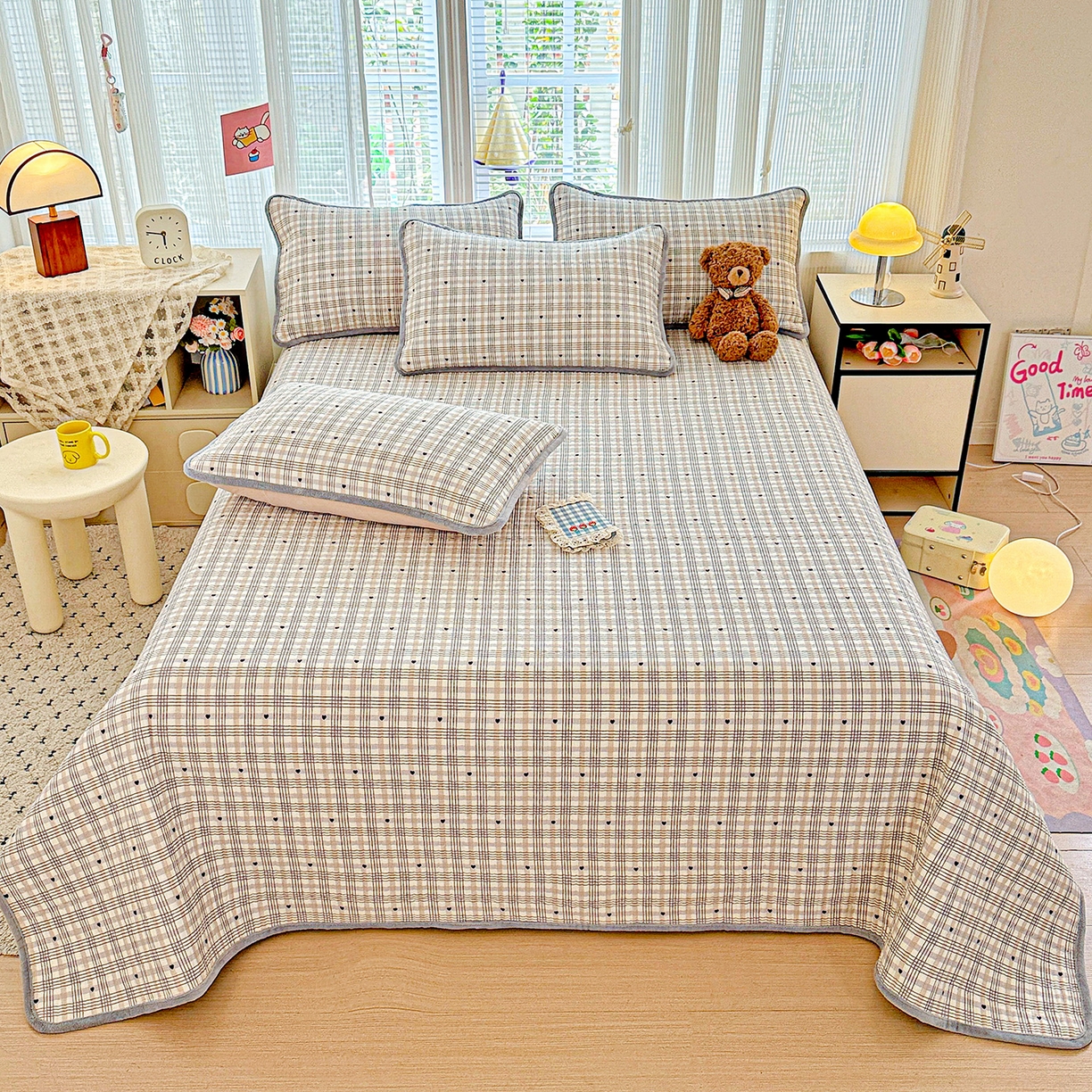 91家纺网 家纺一手货源 找家纺 恒尚居 2025新款全棉牛奶绒床盖四季可用纯棉夹棉床单床褥垫三件套-秋冬款系列一 简格调【A纯棉-B牛奶绒】