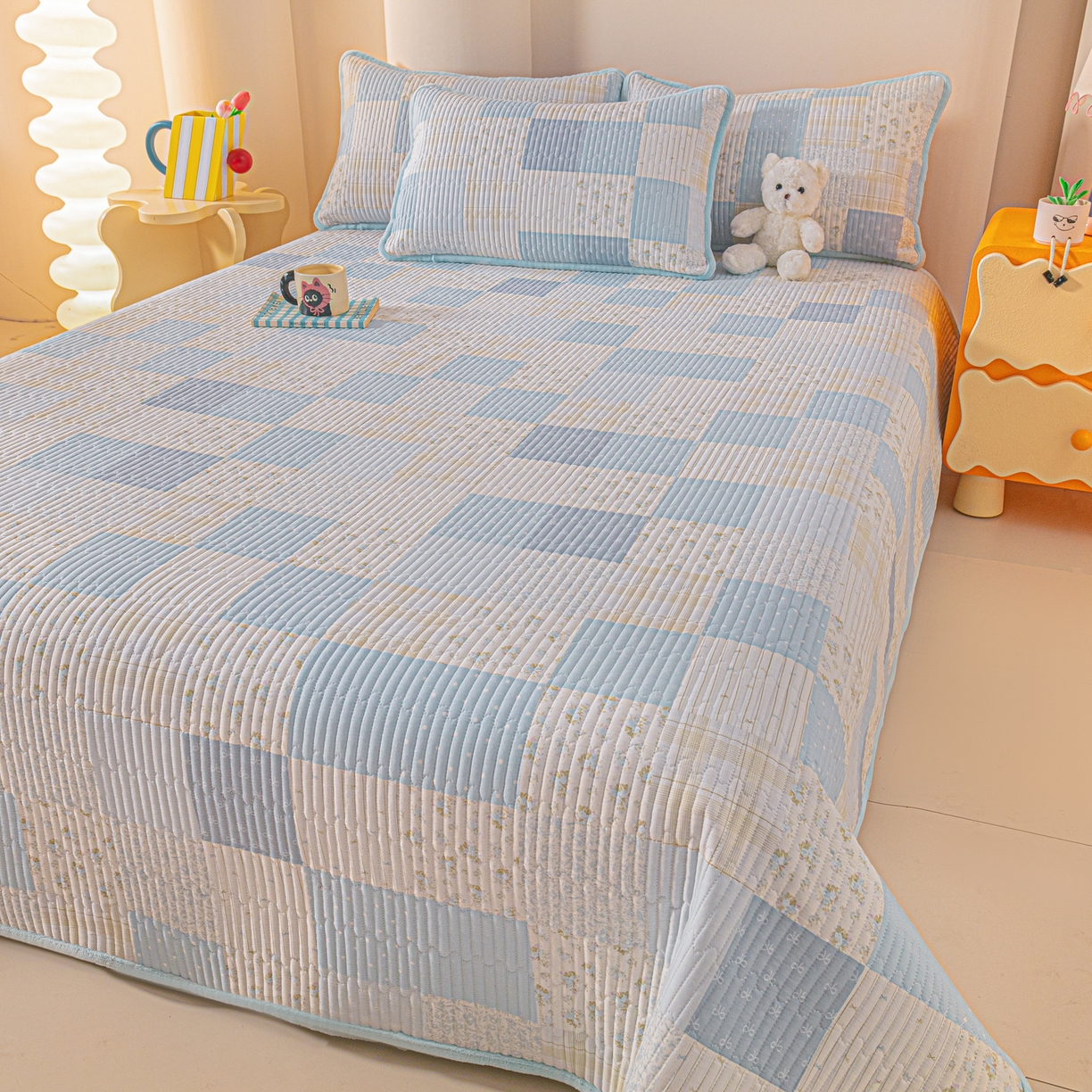 91家纺网 家纺一手货源 找家纺 恒尚居 2025新款全棉牛奶绒床盖四季可用纯棉夹棉床单床褥垫三件套-秋冬款系列一 芳菲-蓝【A纯棉-B牛奶绒】