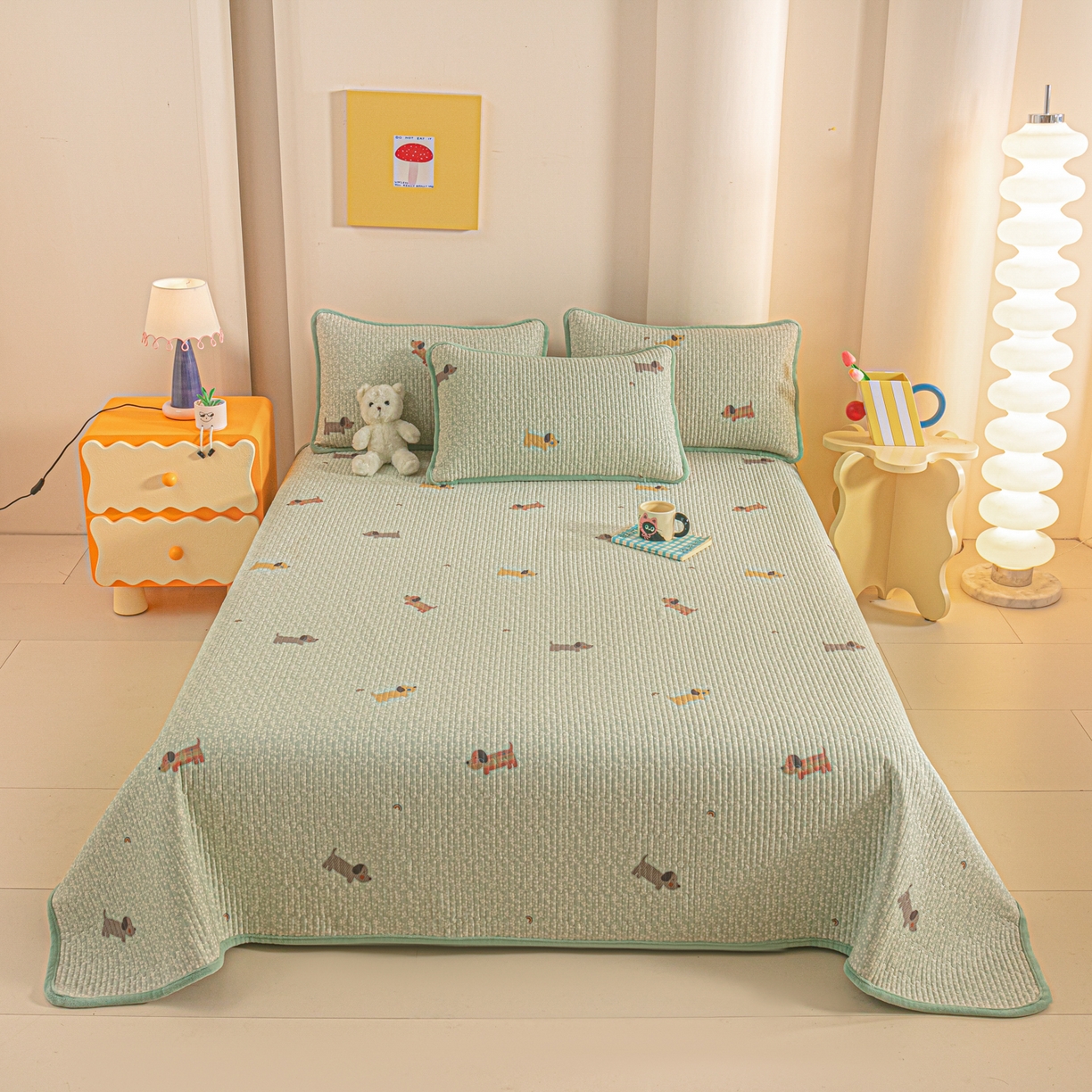 91家纺网 家纺一手货源 找家纺 恒尚居 2025新款全棉牛奶绒床盖四季可用纯棉夹棉床单床褥垫三件套-秋冬款系列一 布丁狗【A纯棉-B牛奶绒】