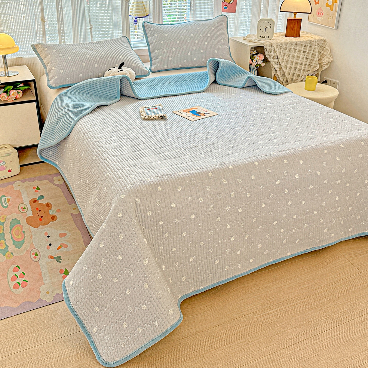 91家纺网 家纺一手货源 找家纺 恒尚居 2025新款全棉牛奶绒床盖四季可用纯棉夹棉床单床褥垫三件套-秋冬款系列一 南瓜点点【A纯棉-B牛奶绒】