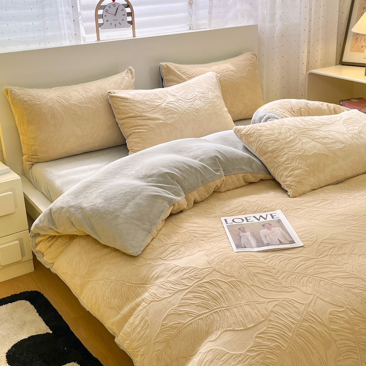 91家纺网 家纺一手货源 找家纺 如一 2025新款3D雕花牛奶绒四件套第三批 芭蕉叶-杏