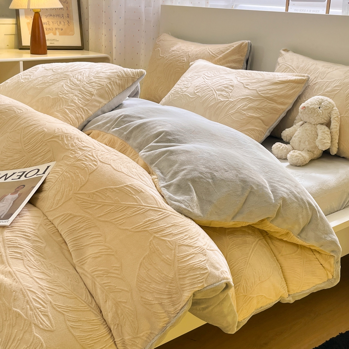 如一 2025新款3D雕花牛奶绒四件套第三批 芭蕉叶-杏