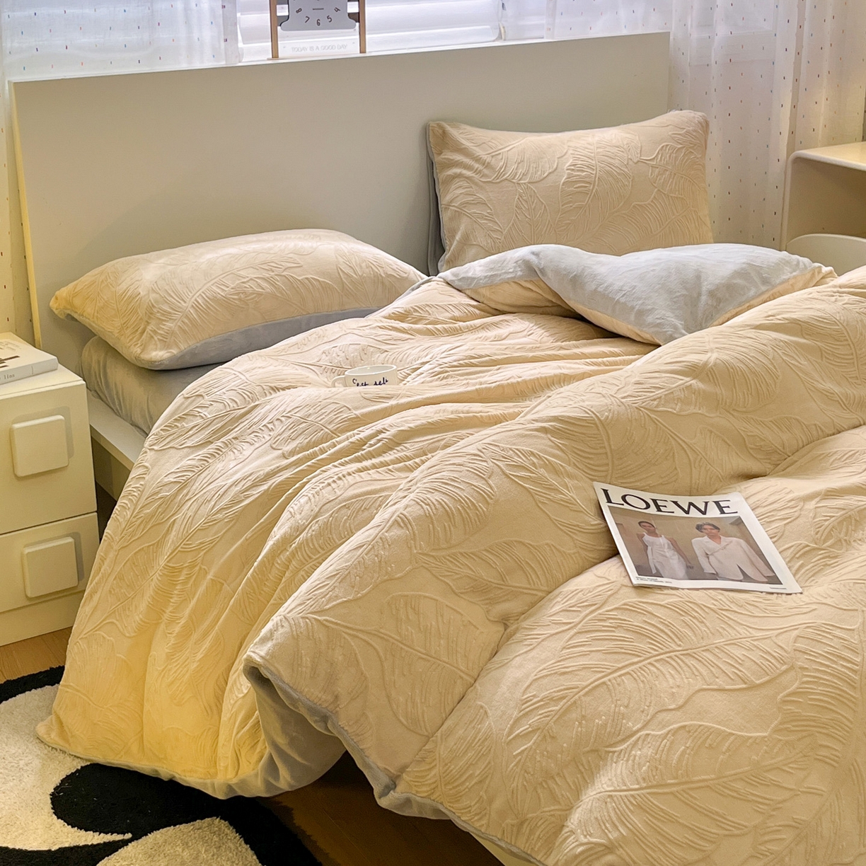 91家纺网 家纺一手货源 找家纺 如一 2025新款3D雕花牛奶绒四件套第三批 芭蕉叶-杏