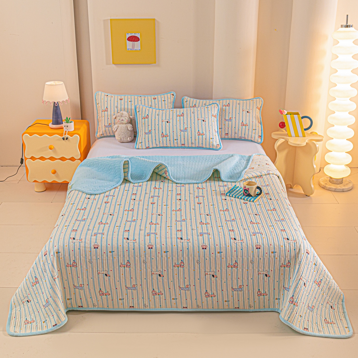 91家纺网 家纺一手货源 找家纺 恒尚居 2025新款全棉牛奶绒床盖四季可用纯棉夹棉床单床褥垫三件套-秋冬款系列一 机灵旺仔【A纯棉-B牛奶绒】