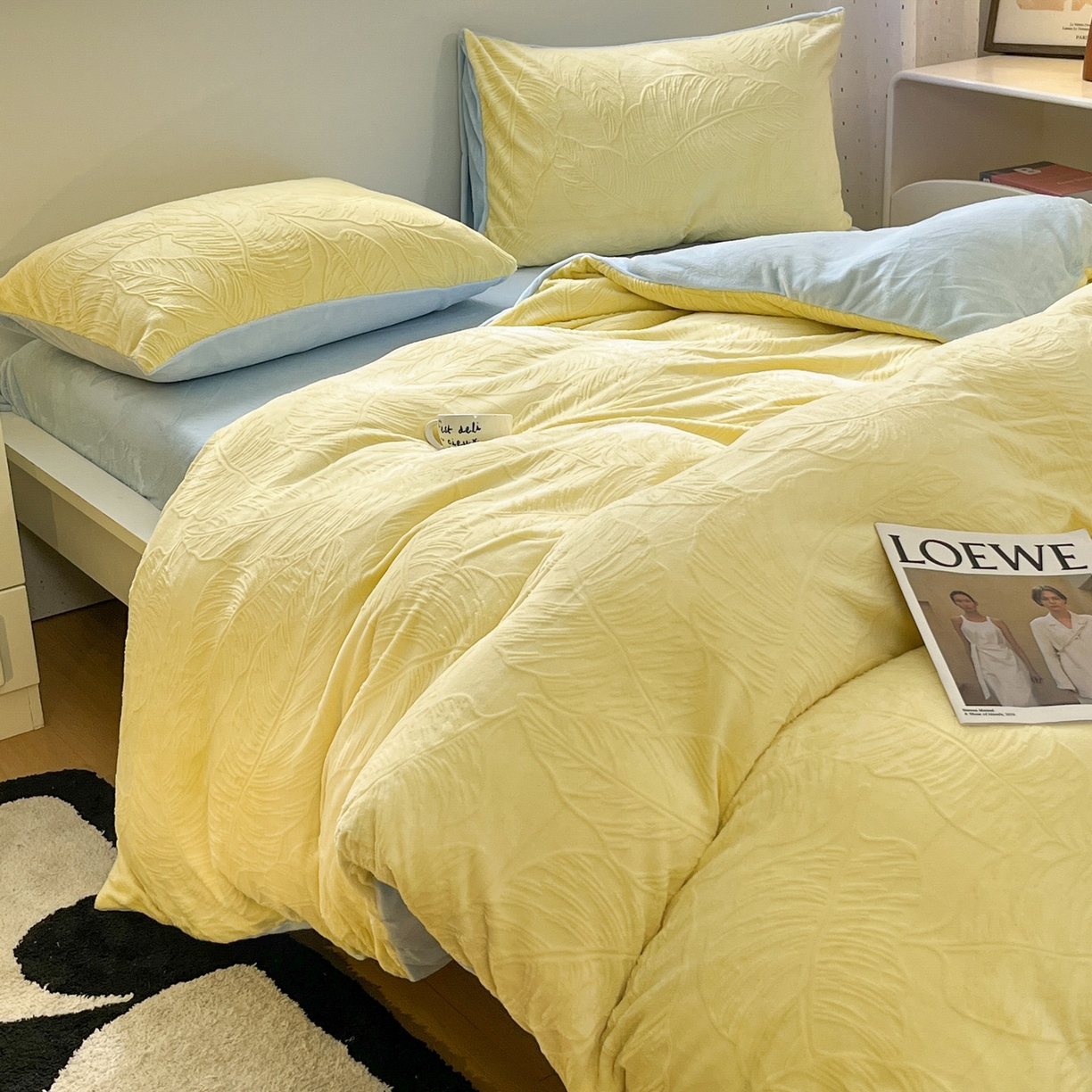 91家纺网 家纺一手货源 找家纺 如一 2025新款3D雕花牛奶绒四件套第三批 芭蕉叶-黄