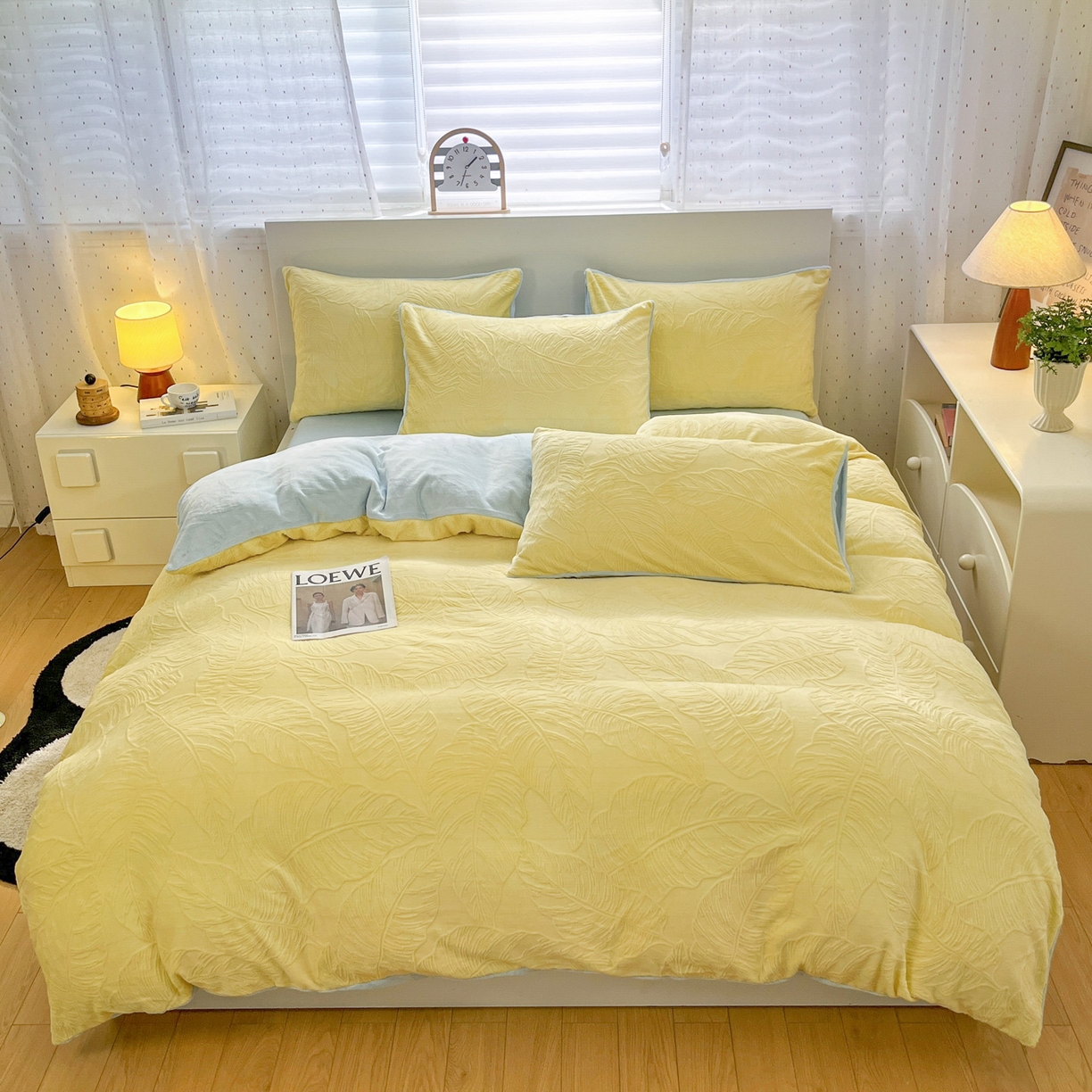 91家纺网 家纺一手货源 找家纺 如一 2025新款3D雕花牛奶绒四件套第三批 芭蕉叶-黄