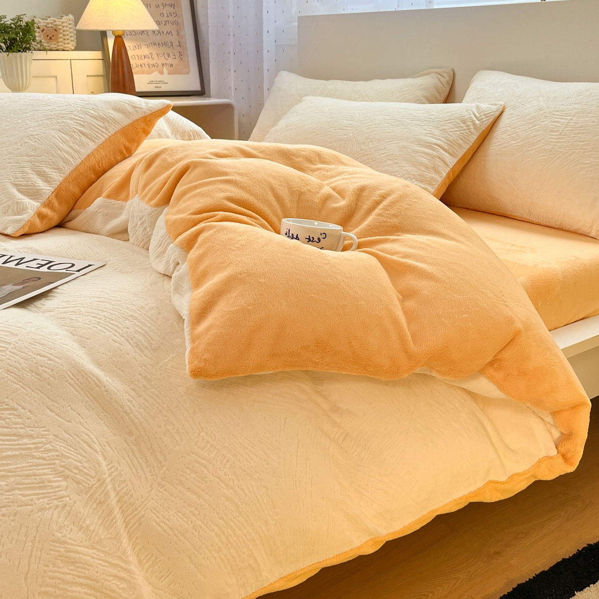 91家纺网 家纺一手货源 找家纺 如一 2025新款3D雕花牛奶绒四件套第三批 肌理纹-白橘