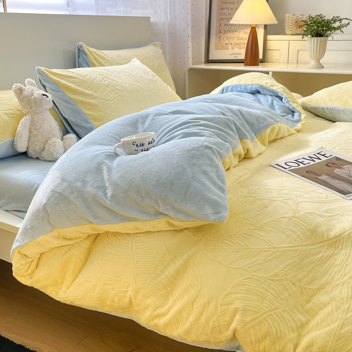 91家纺网 家纺一手货源 找家纺 如一 2025新款3D雕花牛奶绒四件套第三批 芭蕉叶-黄