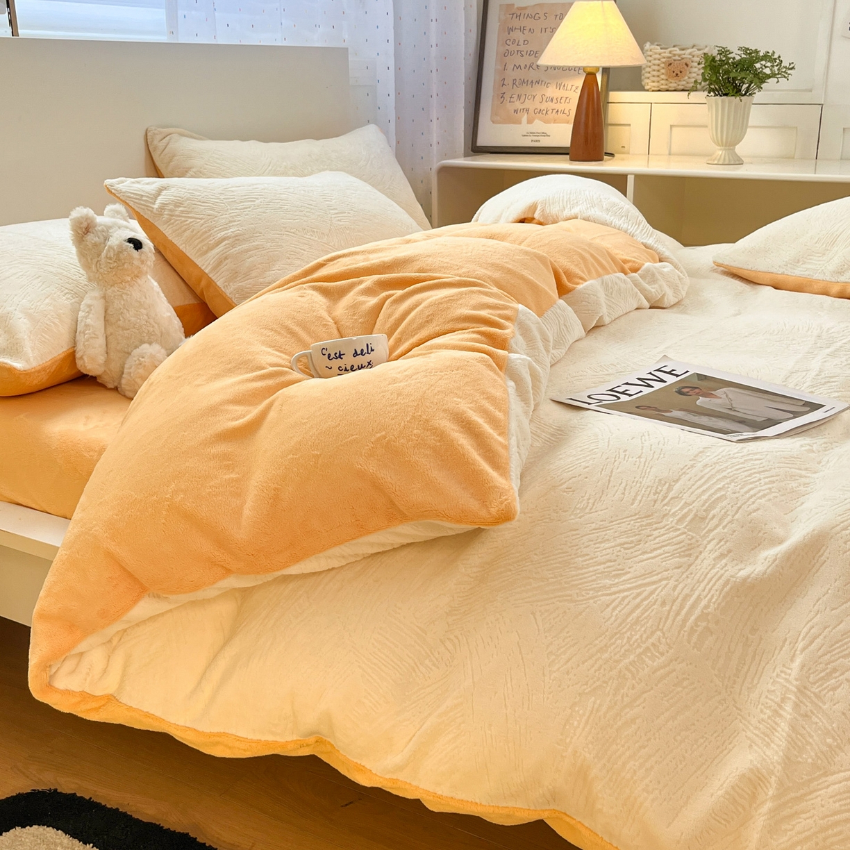 91家纺网 家纺一手货源 找家纺 如一 2025新款3D雕花牛奶绒四件套第三批 肌理纹-白橘