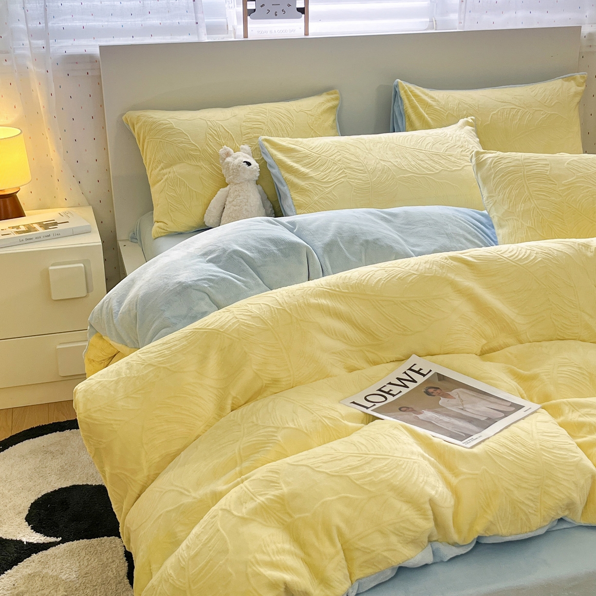 91家纺网 家纺一手货源 找家纺 如一 2025新款3D雕花牛奶绒四件套第三批 芭蕉叶-黄