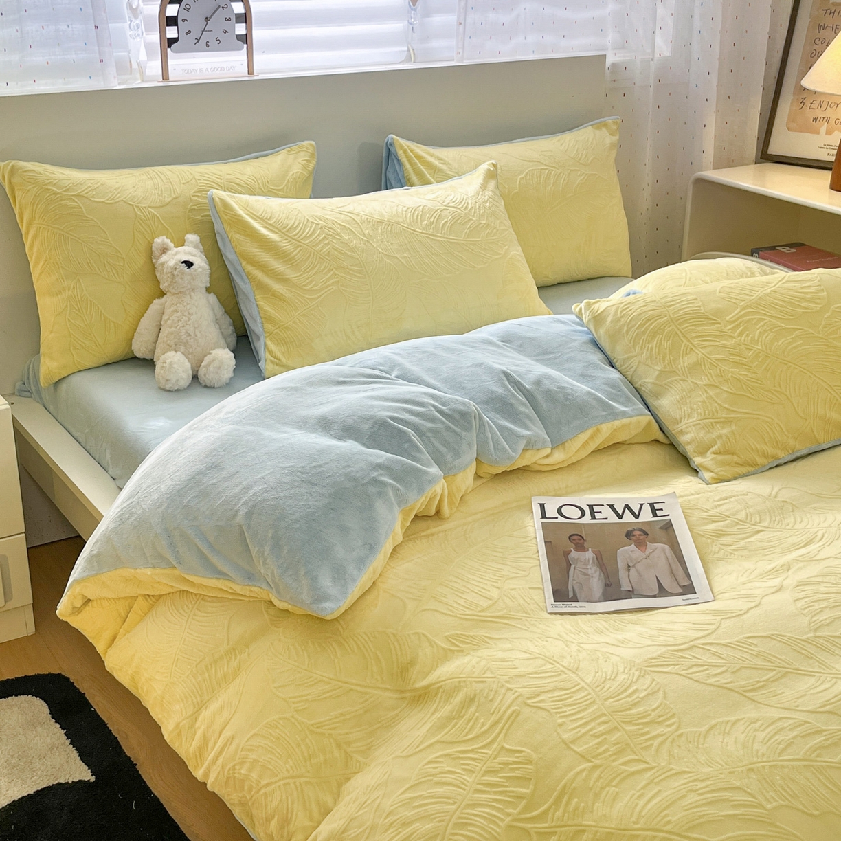 91家纺网 家纺一手货源 找家纺 如一 2025新款3D雕花牛奶绒四件套第三批 芭蕉叶-黄