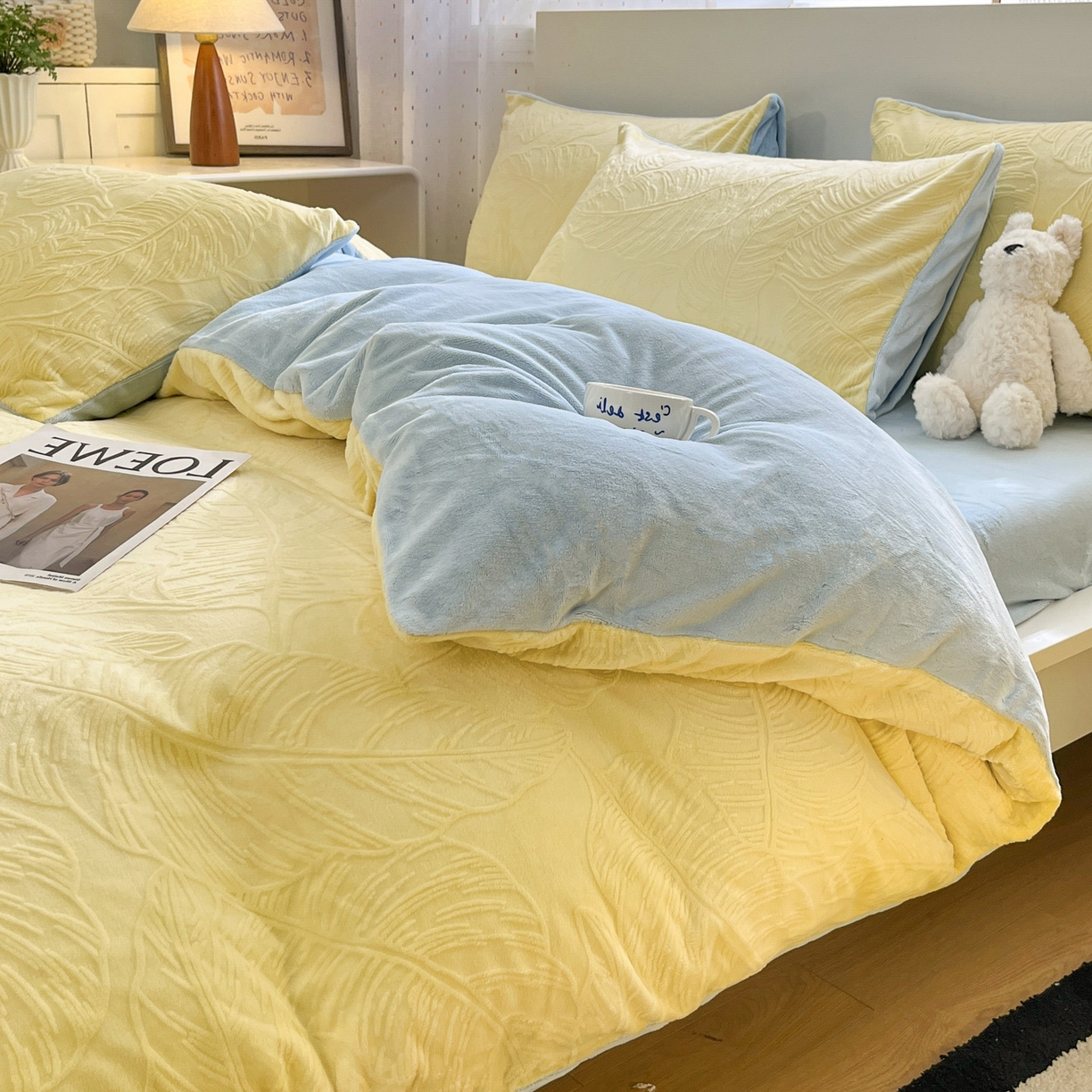 91家纺网 家纺一手货源 找家纺 如一 2025新款3D雕花牛奶绒四件套第三批 芭蕉叶-黄