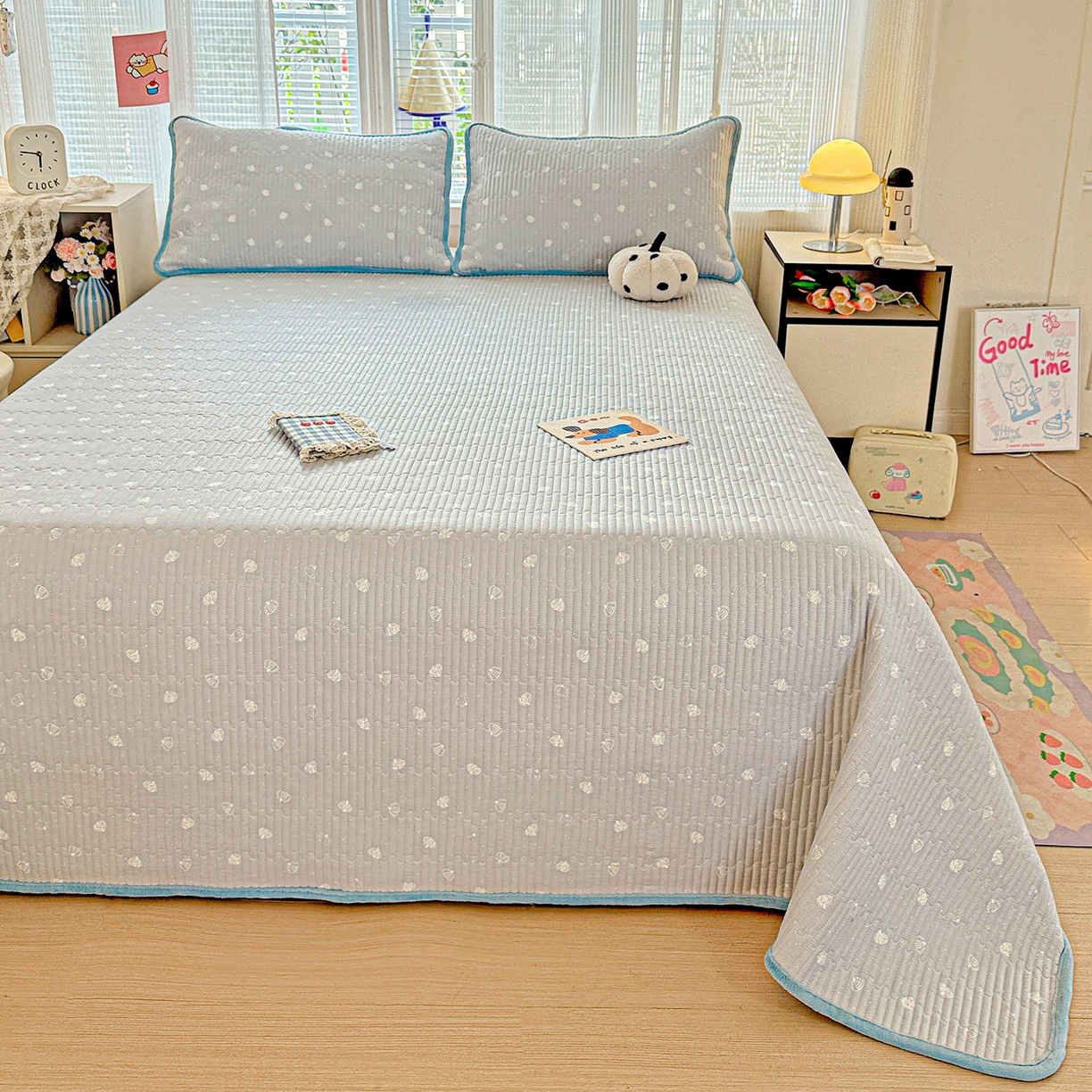 91家纺网 家纺一手货源 找家纺 恒尚居 2025新款全棉牛奶绒床盖四季可用纯棉夹棉床单床褥垫三件套-秋冬款系列一 南瓜点点【A纯棉-B牛奶绒】