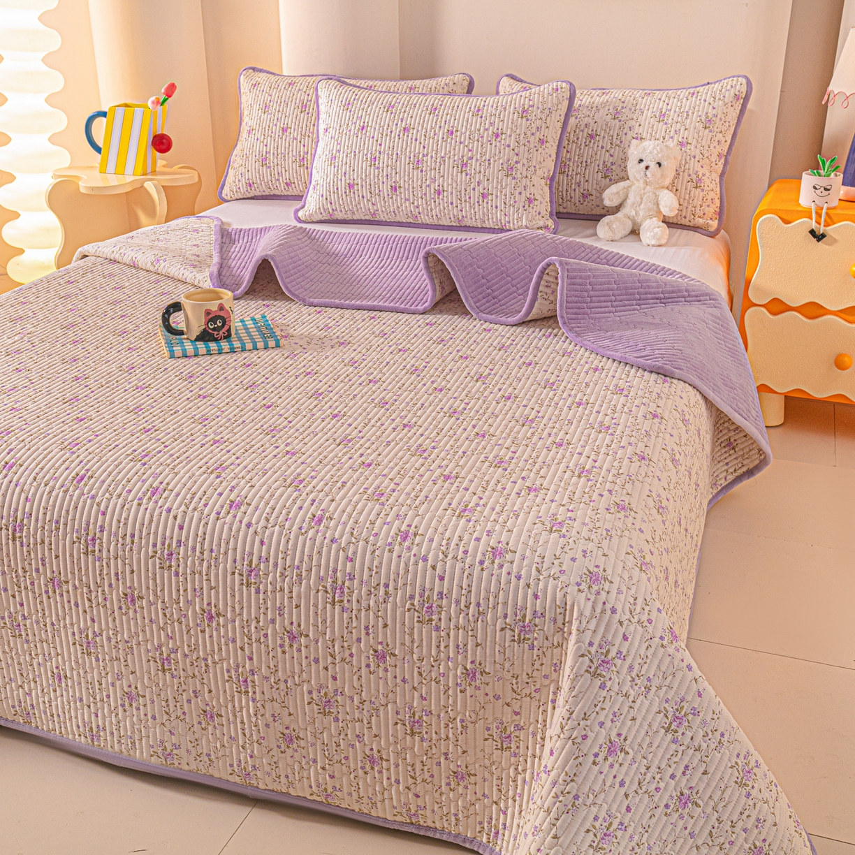 91家纺网 家纺一手货源 找家纺 恒尚居 2025新款全棉牛奶绒床盖四季可用纯棉夹棉床单床褥垫三件套-秋冬款系列一 熏衣紫【A纯棉-B牛奶绒】