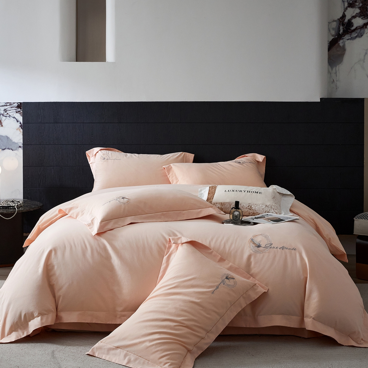 琉宿家纺 2025新款全棉轻奢磨毛宽边工艺四件套 青羽（粉玉）