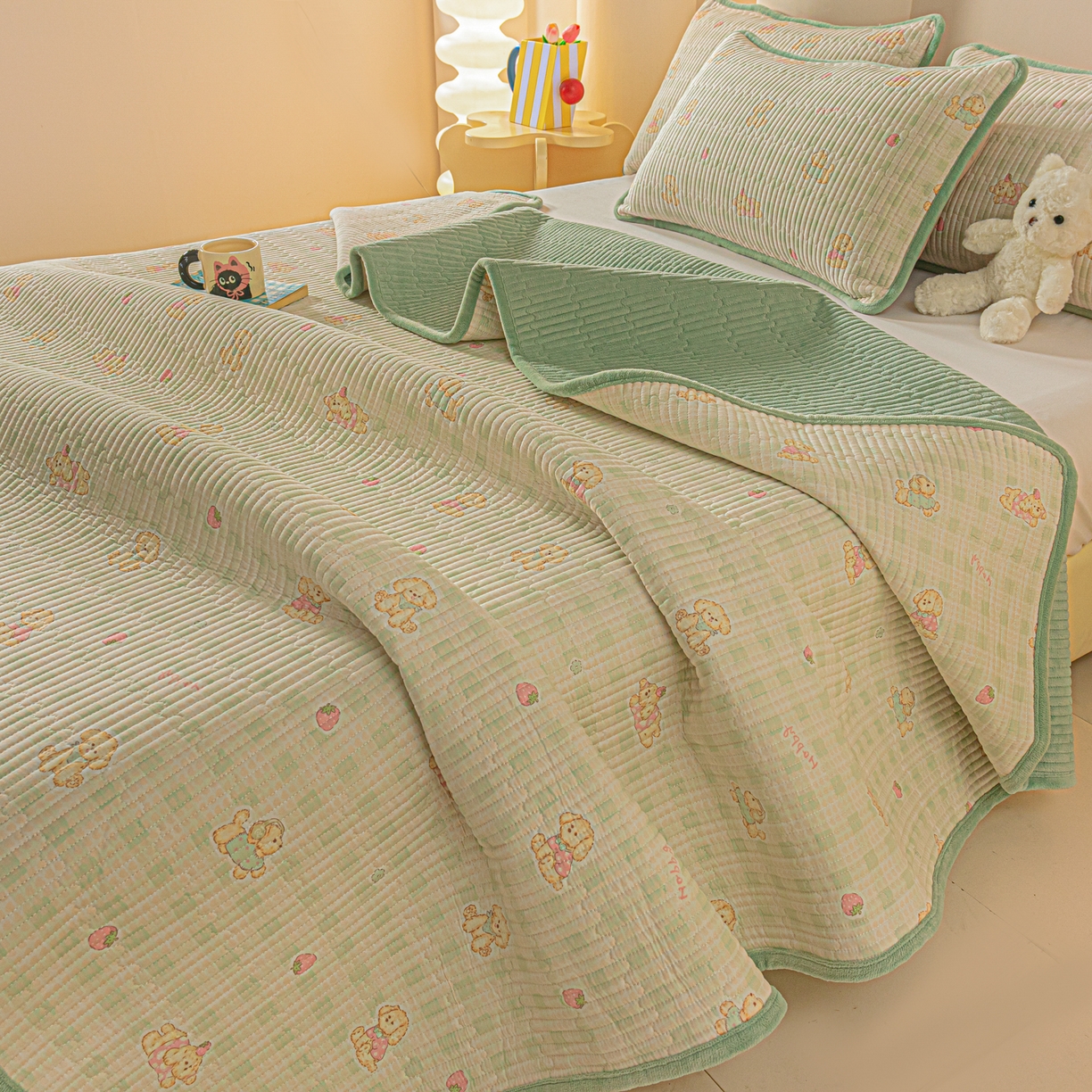 91家纺网 家纺一手货源 找家纺 恒尚居 2025新款全棉牛奶绒床盖四季可用纯棉夹棉床单床褥垫三件套-秋冬款系列一 甜心旺旺【A纯棉-B牛奶绒】