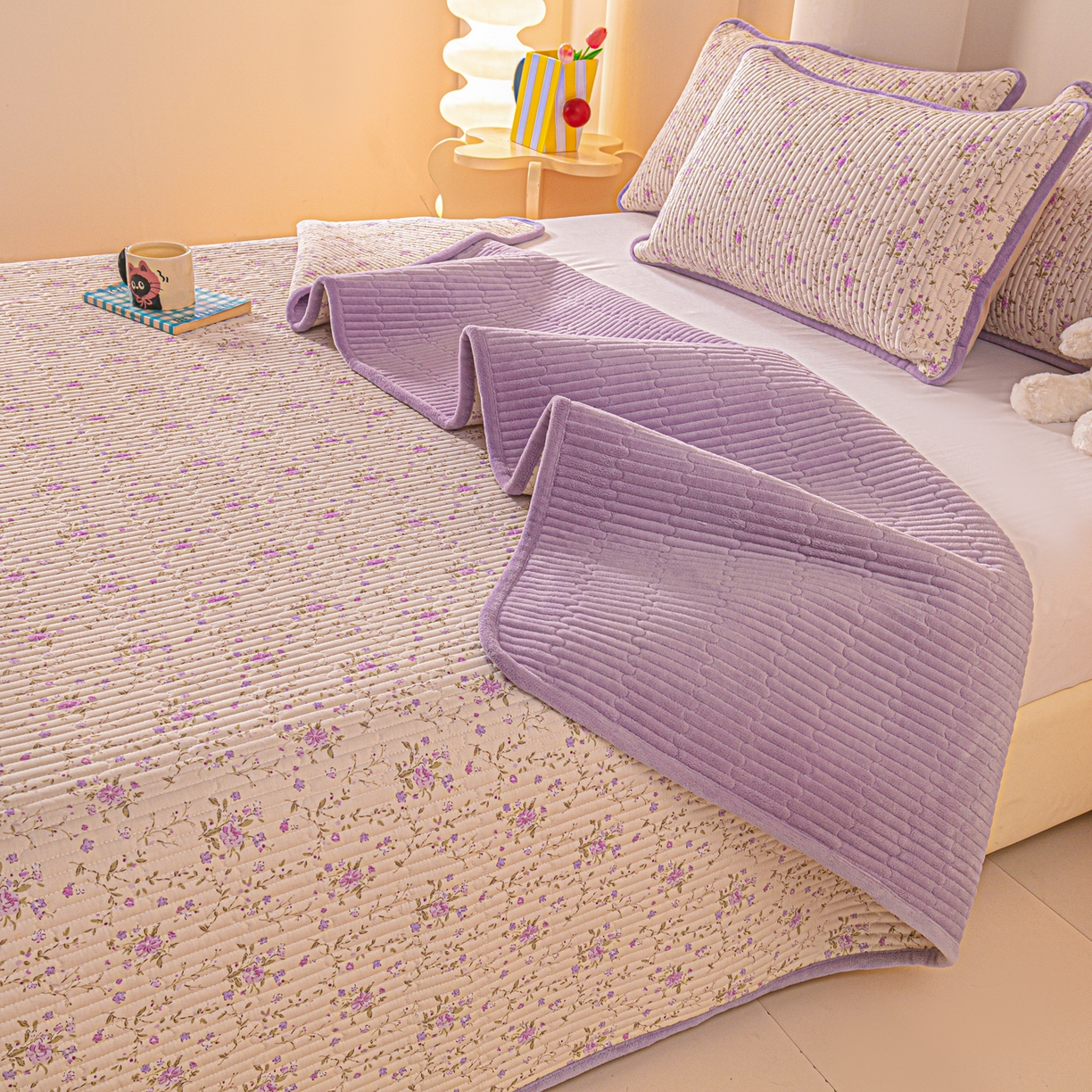 91家纺网 家纺一手货源 找家纺 恒尚居 2025新款全棉牛奶绒床盖四季可用纯棉夹棉床单床褥垫三件套-秋冬款系列一 熏衣紫【A纯棉-B牛奶绒】