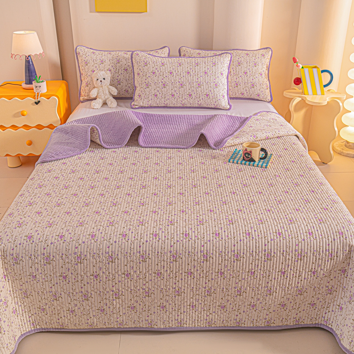 91家纺网 家纺一手货源 找家纺 恒尚居 2025新款全棉牛奶绒床盖四季可用纯棉夹棉床单床褥垫三件套-秋冬款系列一 熏衣紫【A纯棉-B牛奶绒】