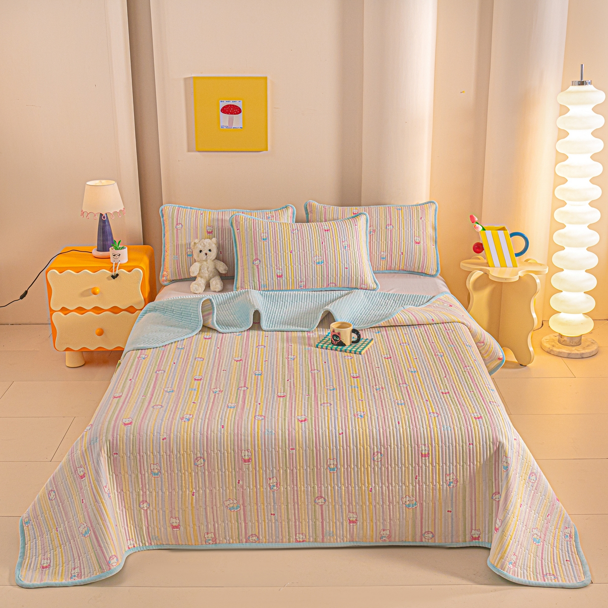 91家纺网 家纺一手货源 找家纺 恒尚居 2025新款全棉牛奶绒床盖四季可用纯棉夹棉床单床褥垫三件套-秋冬款系列一 彩虹猫【A纯棉-B牛奶绒】