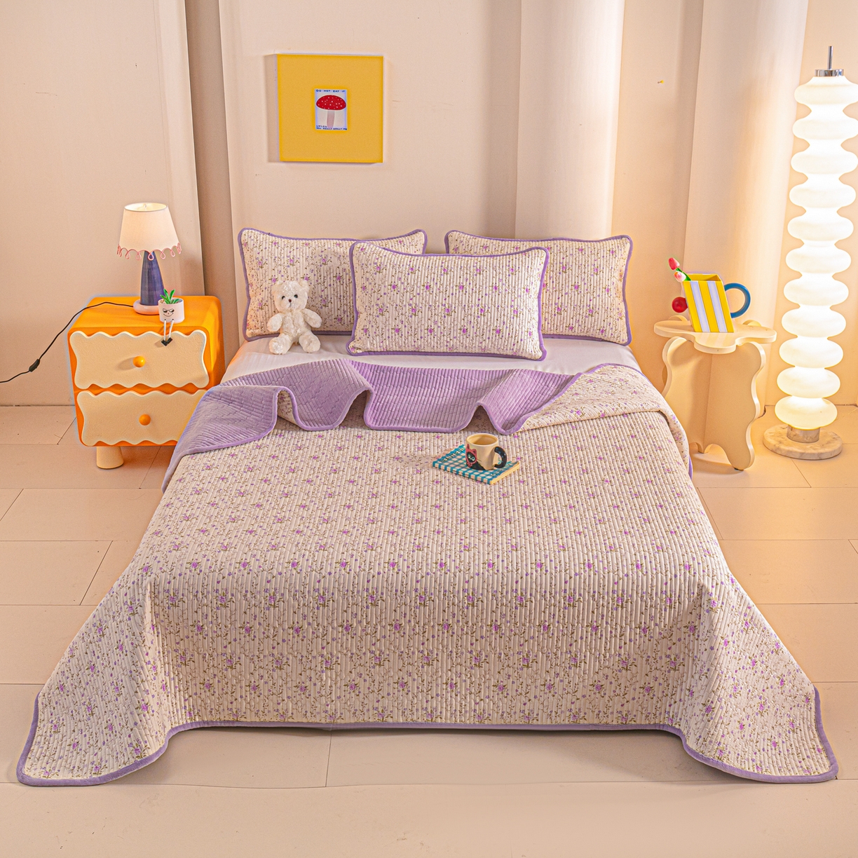 91家纺网 家纺一手货源 找家纺 恒尚居 2025新款全棉牛奶绒床盖四季可用纯棉夹棉床单床褥垫三件套-秋冬款系列一 熏衣紫【A纯棉-B牛奶绒】