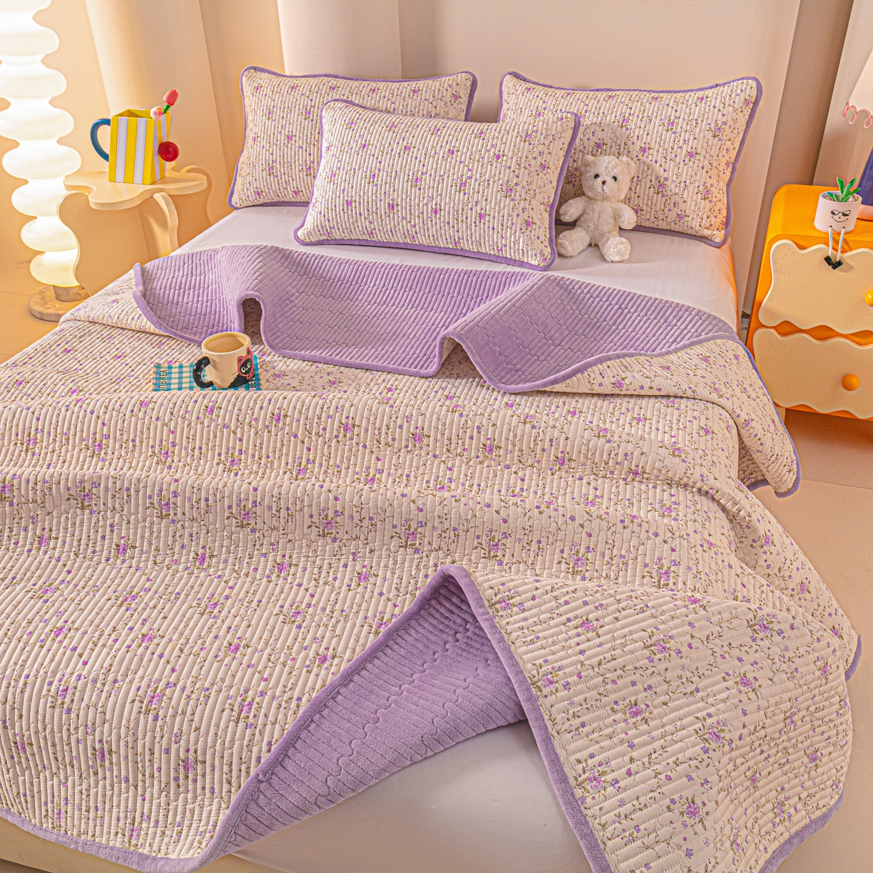 91家纺网 家纺一手货源 找家纺 恒尚居 2025新款全棉牛奶绒床盖四季可用纯棉夹棉床单床褥垫三件套-秋冬款系列一 熏衣紫【A纯棉-B牛奶绒】