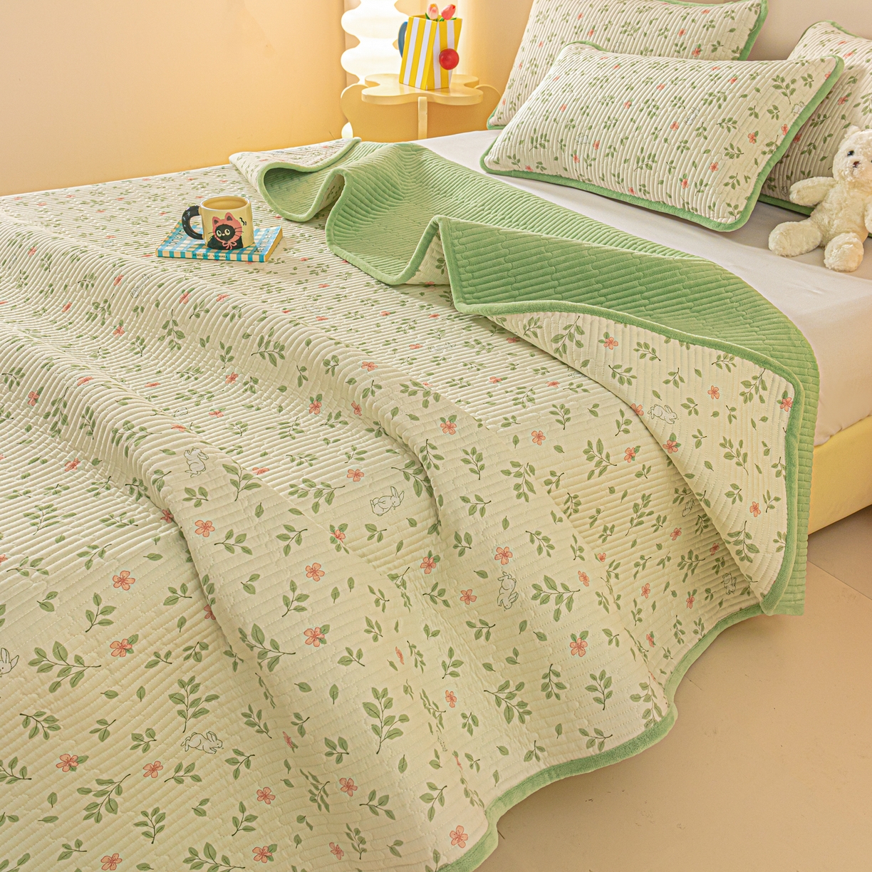 91家纺网 家纺一手货源 找家纺 恒尚居 2025新款全棉牛奶绒床盖四季可用纯棉夹棉床单床褥垫三件套-秋冬款系列一 清新雅韵【A纯棉-B牛奶绒】