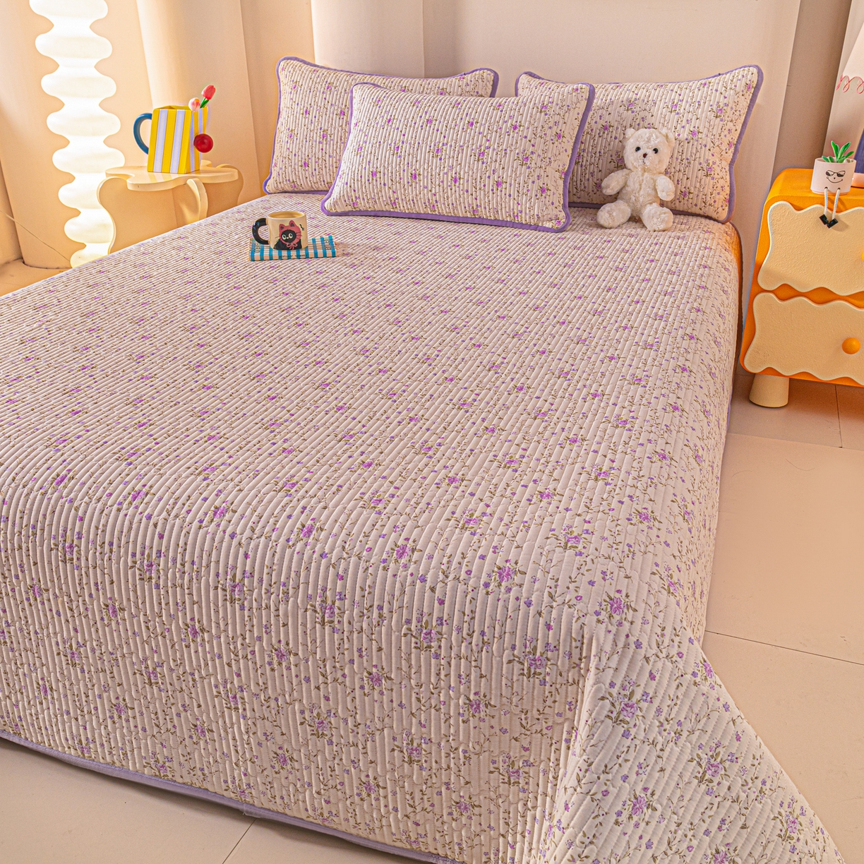 91家纺网 家纺一手货源 找家纺 恒尚居 2025新款全棉牛奶绒床盖四季可用纯棉夹棉床单床褥垫三件套-秋冬款系列一 熏衣紫【A纯棉-B牛奶绒】